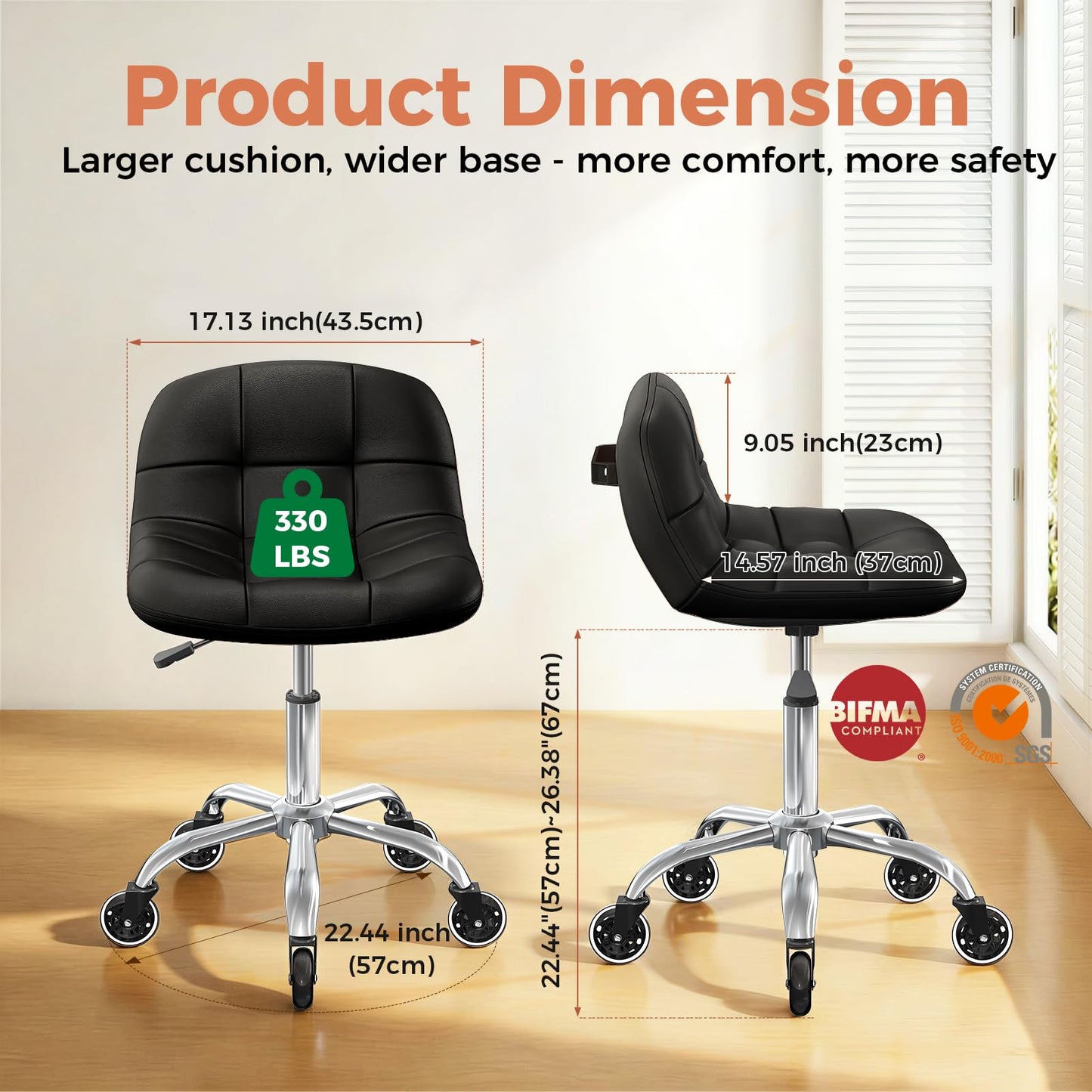 Rolling Stool Chair with Wheels, Height Adjustable Stool with Back Support, Office Drafting Chair with PU Leather Cushion for Home Office Kitchen Vanity Salon Garage Tattoo Dentist Esthetician(Black)