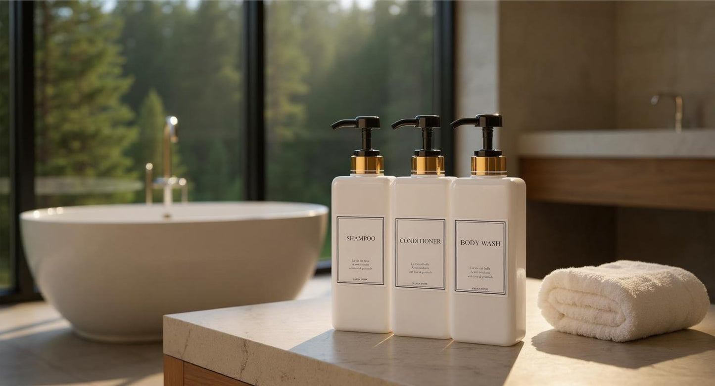 Modern Gold Design Shampoo and Conditioner Dispenser - Large 27oz Shower Soap Dispenser, Set of 3 Refillable Empty Plastic Pump Bottles for Bathroom and Body Wash (6 Waterproof Labels Included), Black