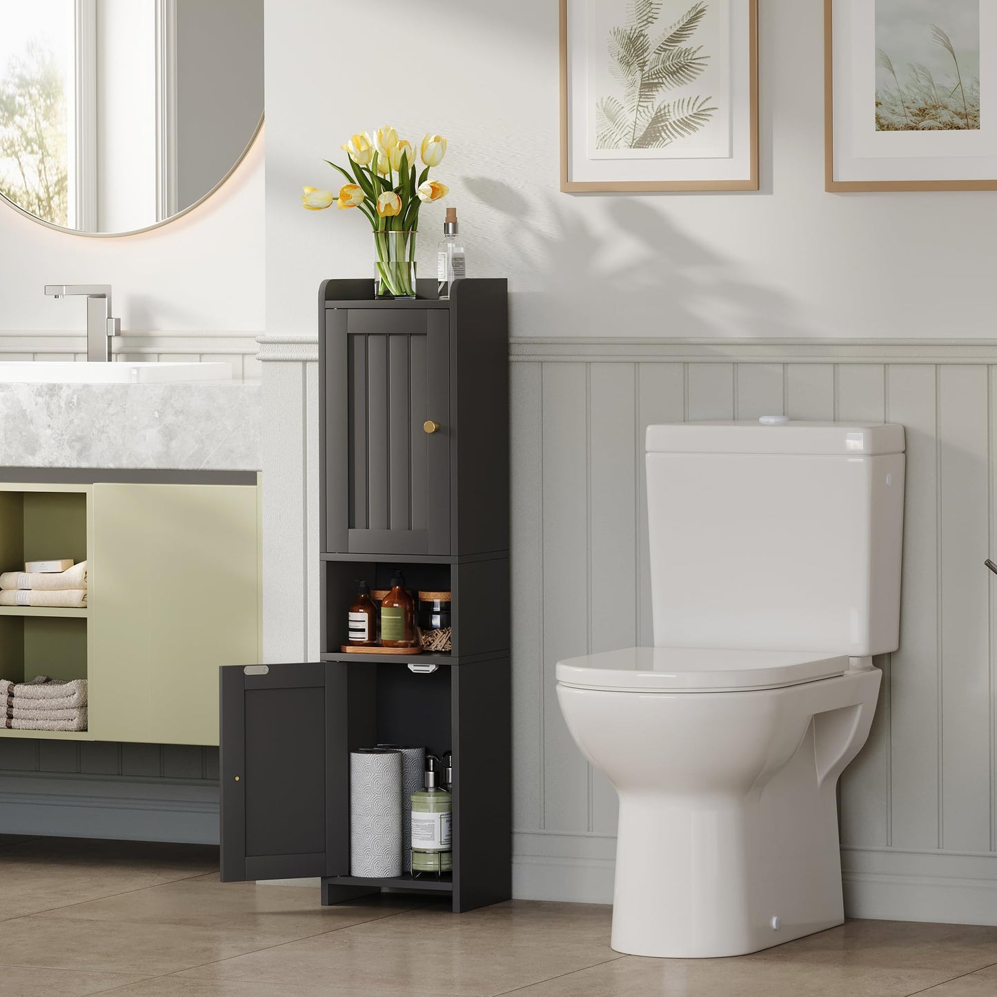 GLANZALANT Bathroom Cabinet with 2 Doors, 7.3 x 9.8 x 40.4 Inches, Small Freestanding Storage Cabinet with Adjustable Shelf, Floor Cabinet for Small Spaces, Bathroom, Entrances, Kitchen, Black