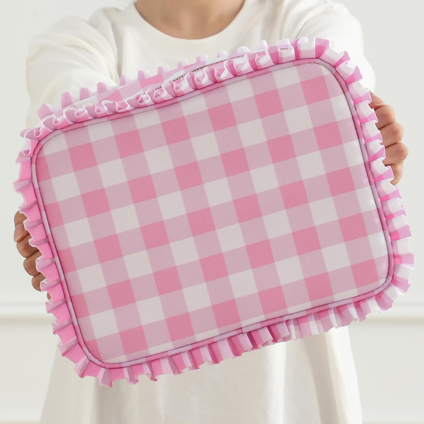 EMBRUNIOICE Gingham Ruffle Makeup Bag,Large Travel Cute Cosmetic Bag for Women Girls,Toiletry Bag Make up Organizer 10.8 x 4.5 x 8 inch (Pink Gingham)