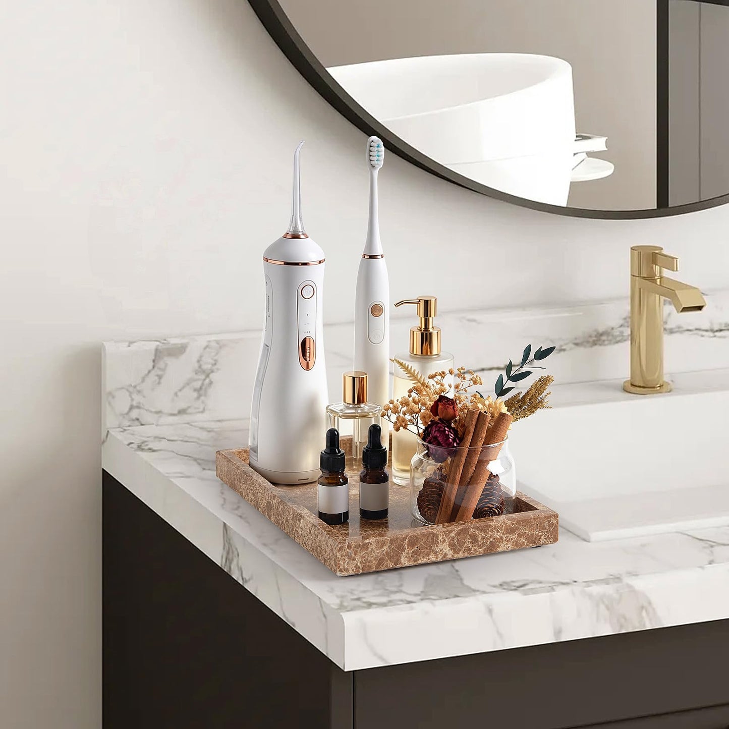 Marble Bathroom Tray,Pure Natural Vanity Tray,Marble Tray for Kitchen Counter Non-Ceramic/Non-Resin,Stone Trays 12 x 8 inch (Dark Brown)