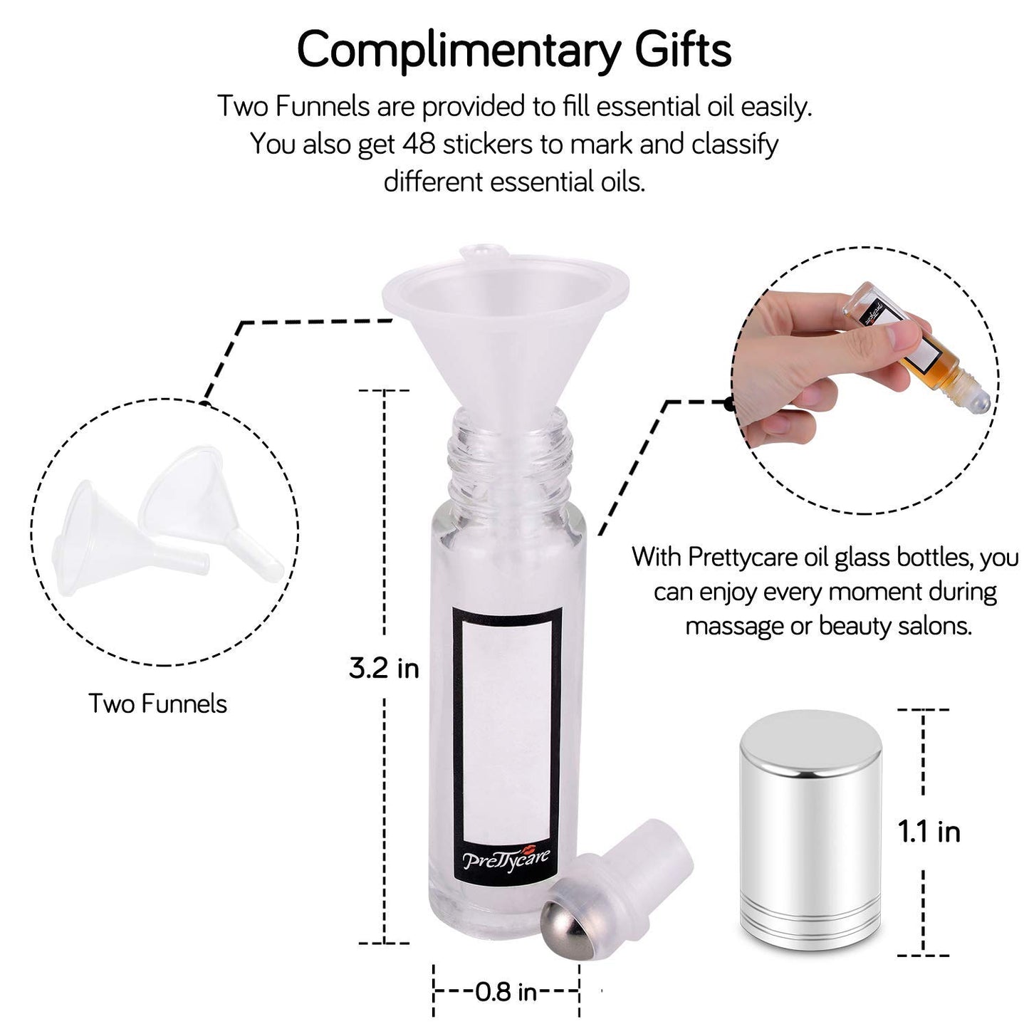 PrettyCare Set of 60, 10 ml Essential Oil Roller Bottles with Stainless Steel Roller Ball - Bulk Refillable Leak-proof Empty Clear Glass Roll on Bottles with Silver Metal Caps for Travel, Perfume