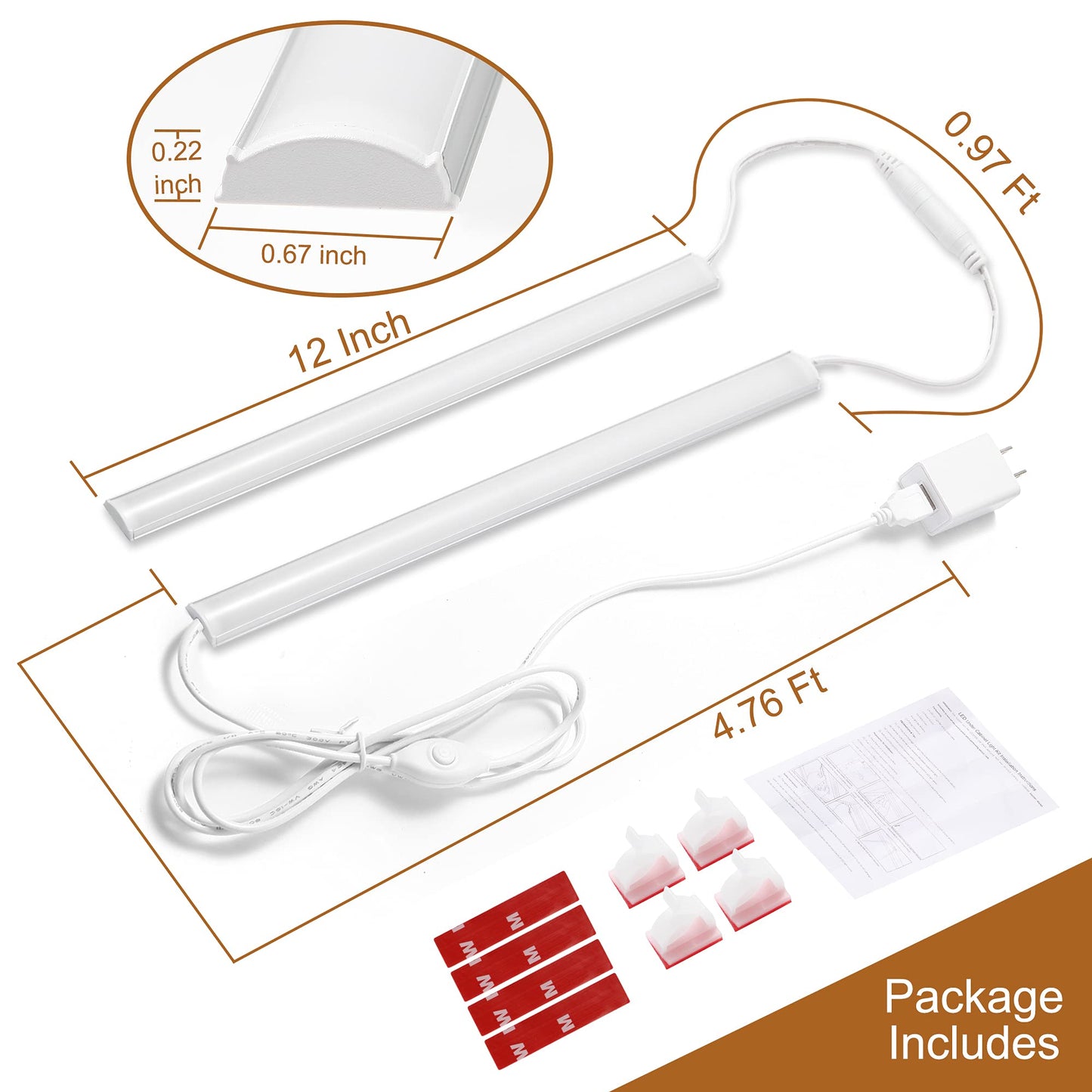 LED Under Cabinet Lighting, 2pcs x 12 Inch Dimmable, USB Plug-in Under Counter Lights with Memory Function, Natural White 4000K