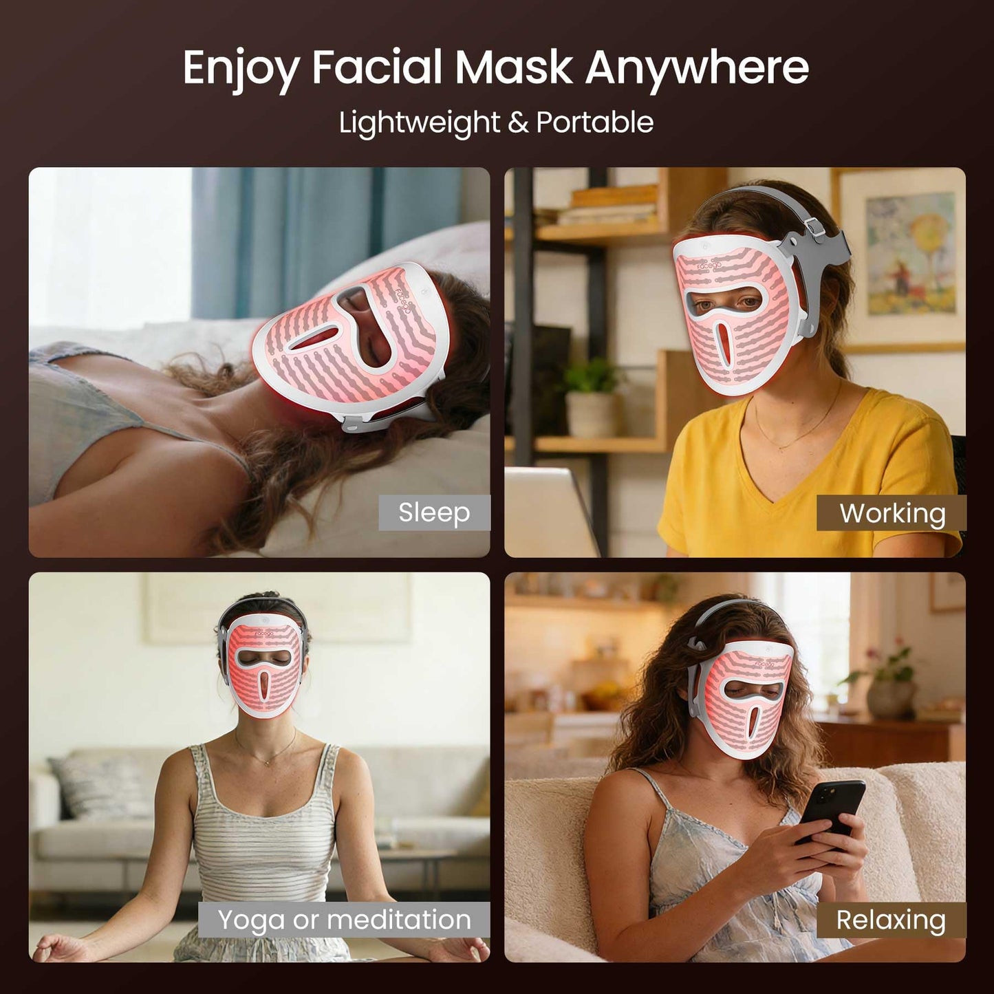 Facego Red Light Mask for Face, 4 Modes Dual Infrared Red Light Face Mask, Non-Skin Contact, Cordless Rechargeable Skincare Gifts for Women