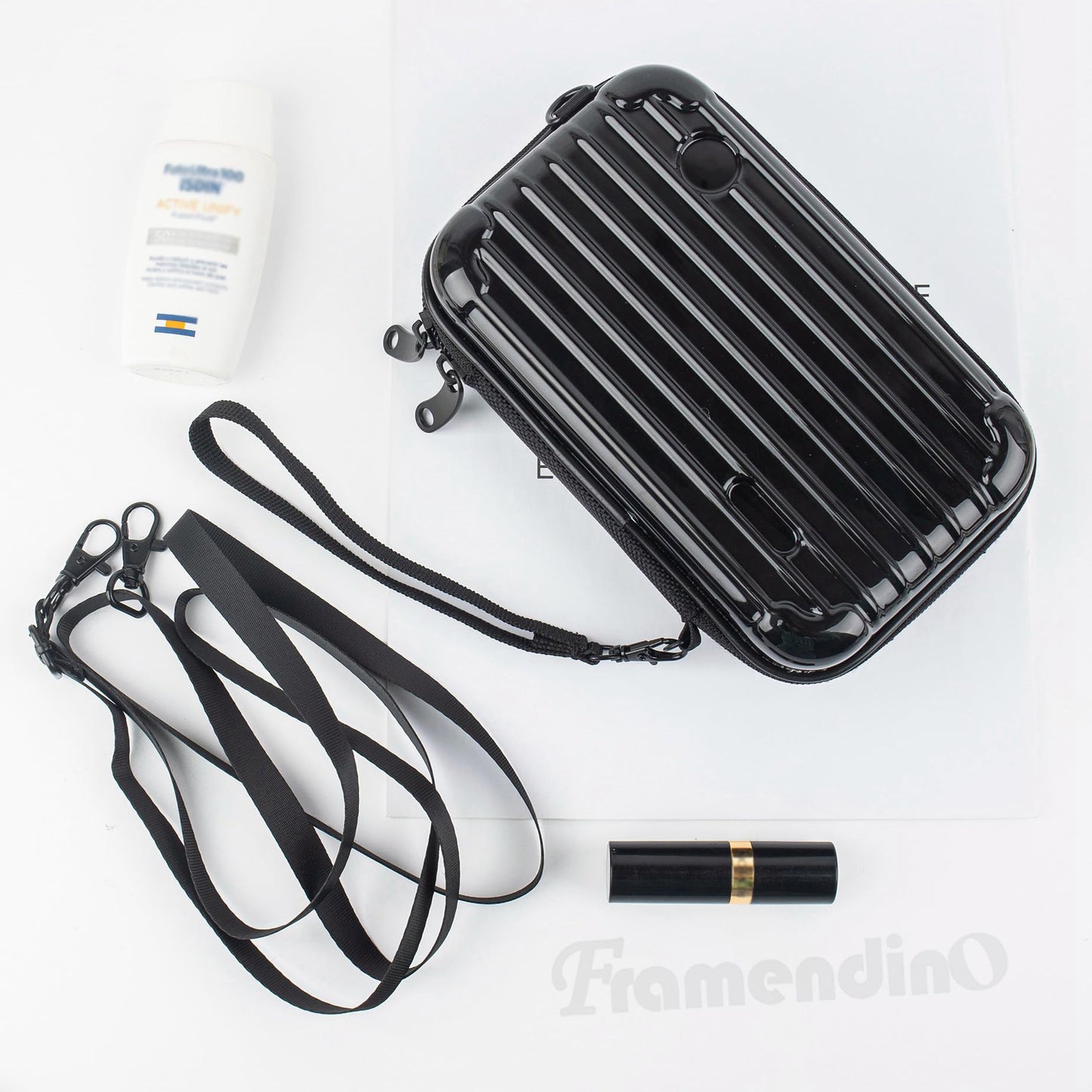 Framendino, Black Hard Shell Cosmetics Case Carrying Bag for Toiletry, Mini Cross Body Suitcase with Detachable Grip Rope and Shoulder Strap Women Travel