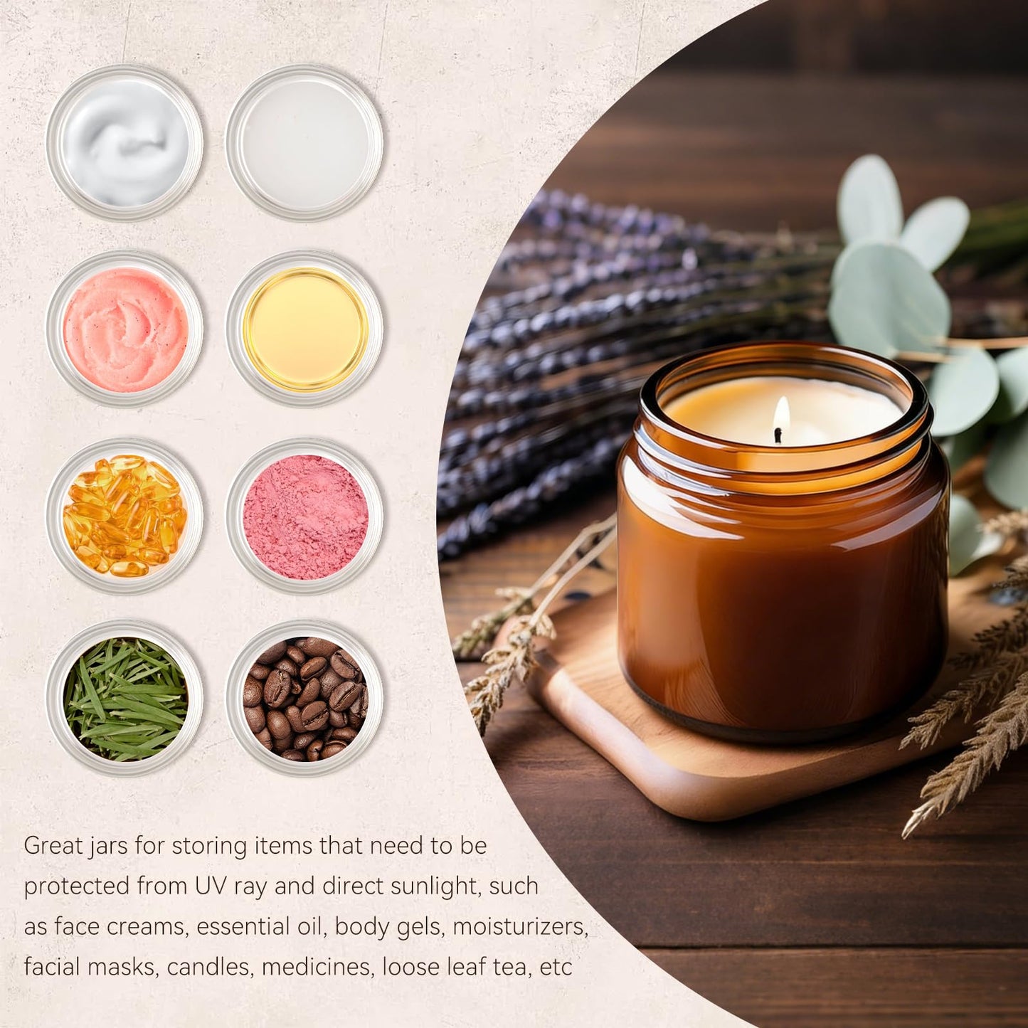 Qeirudu 4 Oz Small Glass Jars with Lids, 12 Pack Airtight Amber Cosmetic Jars with Inner Liners Round Empty Travel Sample Containers for Lotions, Creams, Candles, Body Butters