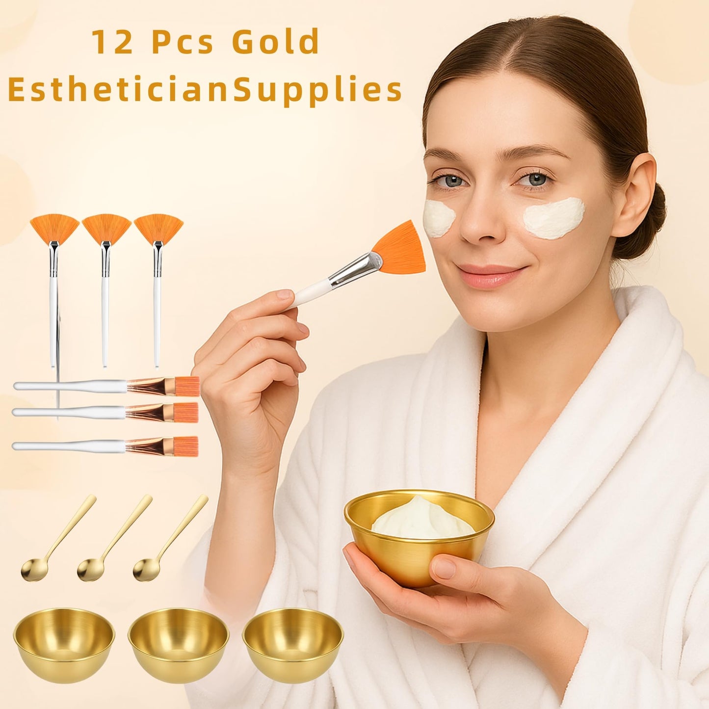 12 Pcs Facial Supplies Estheticians 3 Gold Bowls Stainless Steel 3 Gold Spoons Stainless Steel 3 Facial Fan Brushes 3 Face Mask Applicator Brush for Women Facials Spa Supplies Estheticians