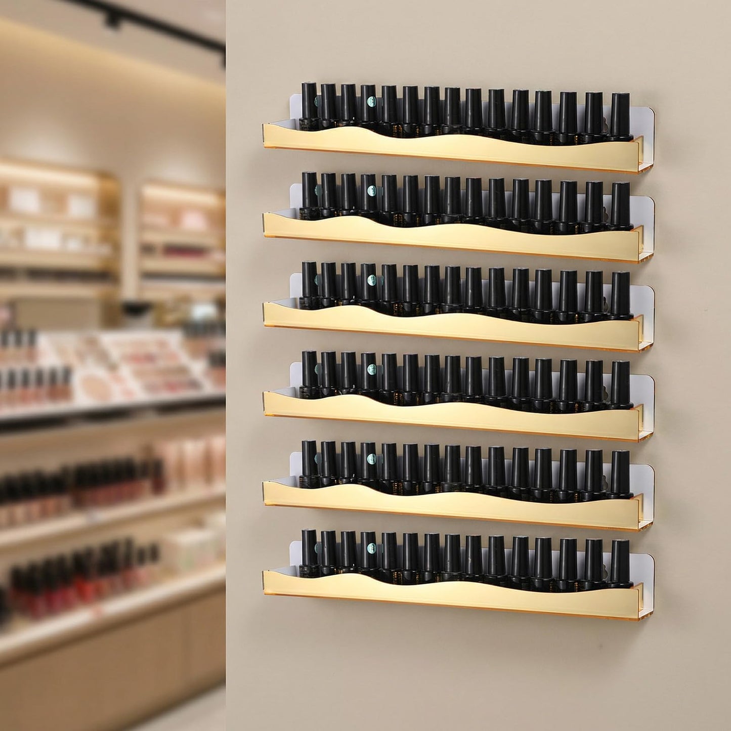 KongTiva 6 Pack Wall Mounted Nail Polish Organizer Rack, 15 Inch Gold Mirror Nail Polish Shelf with Stopper Multi-Purpose Shelf for Essential Oils Cosmetics Storage Display Rack for Salon Bathroom