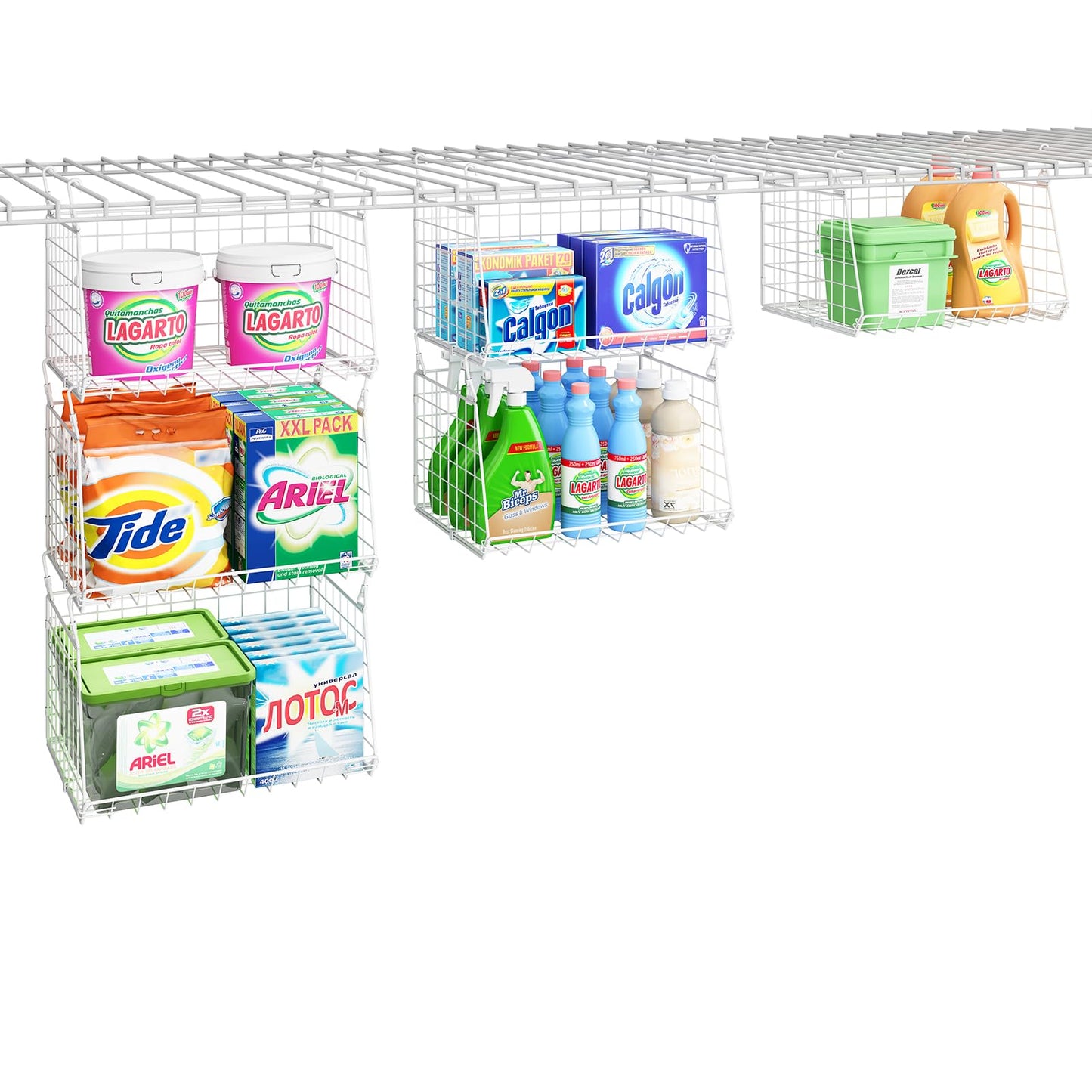 3-Tier Hanging Laundry Basket Organizer:Foldable Wire Shelf Laundry Room Organizer with 360°Rotating Hooks Small Space Solutions Closet Hanging Organizer - Laundry Organization, White Patent