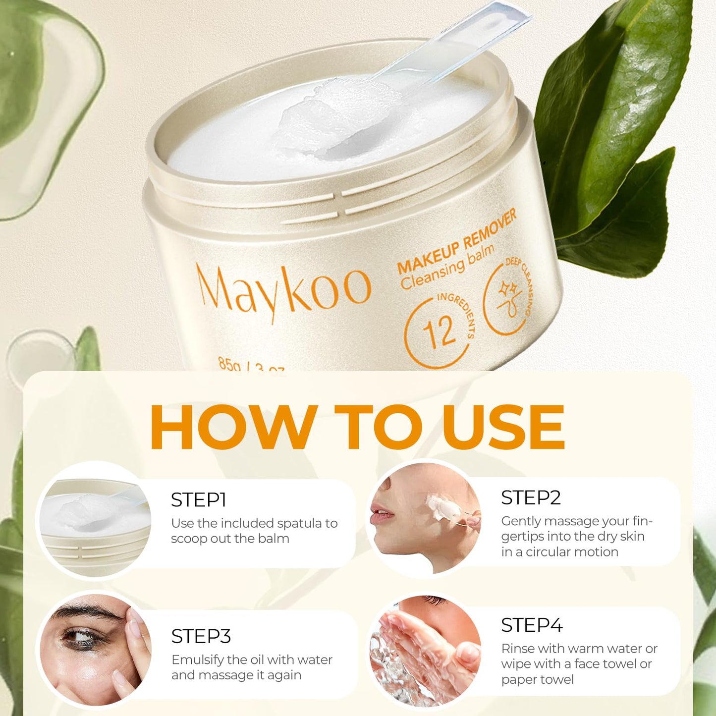 MAYKOO Makeup Remover Balm Hydrating Deep Cleansing Balm, Dissolves Heavy Waterproof Make Up, Gentle Oil Based cleanser for Face with Spatula, Makeup Removing for All Skin Types, 85 g/3 oz