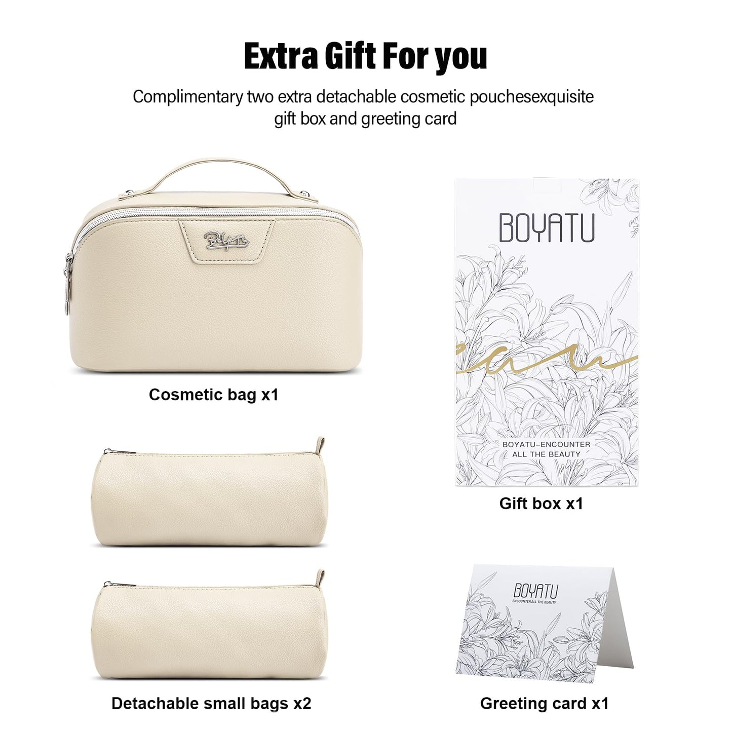 BOYATU Travel Makeup Bag Cosmetic Bags for Women: Large Capacity 3 Pcs Set Make up Bag with Compartments - Waterproof Vegan Leather Toiletry Organizer Bags with Handle (L27Off-white)