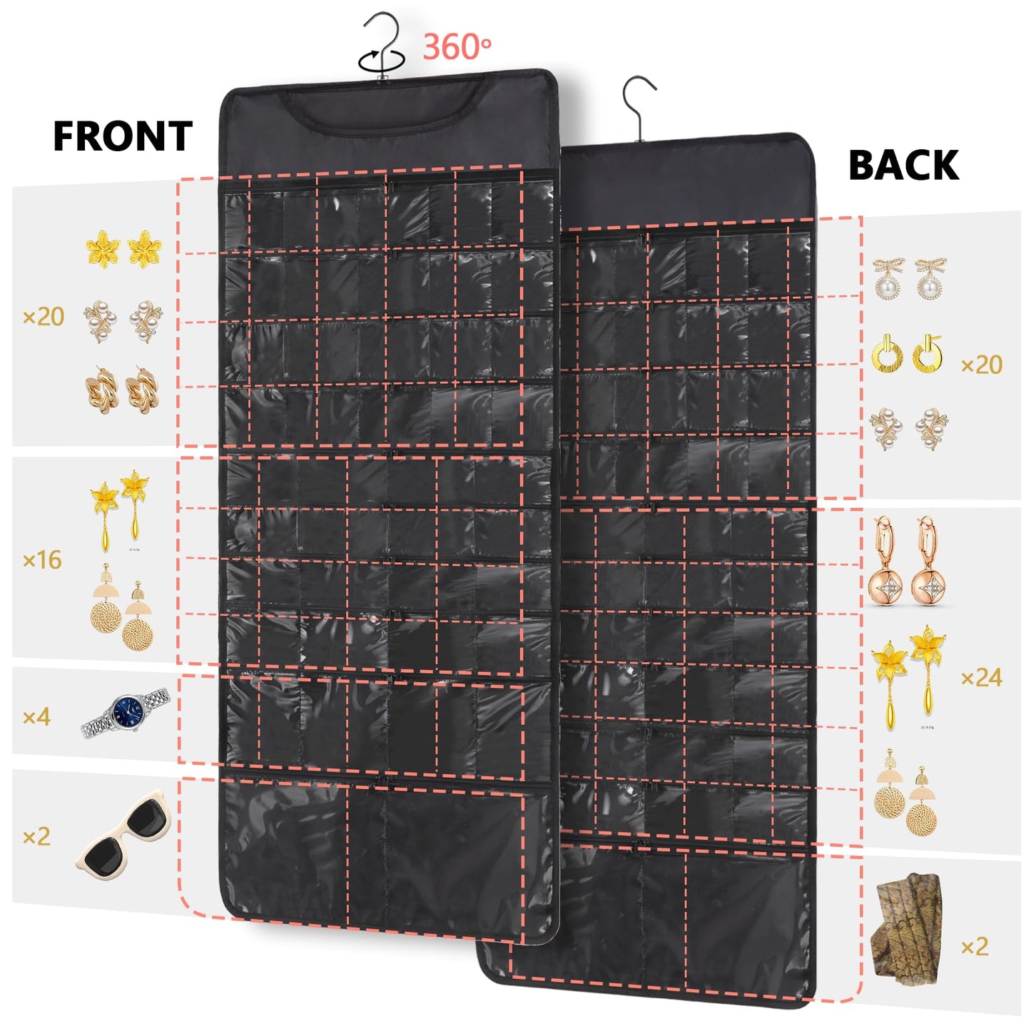FOREGOER Hanging Jewelry Organizer Storage Roll 88 Zippered Pockets,Dustproof Foldable for Travel,Double-Sided Accessories Organizer Holder for Earring Necklace Ring on Closet Wall Door(Black,1 Pack)
