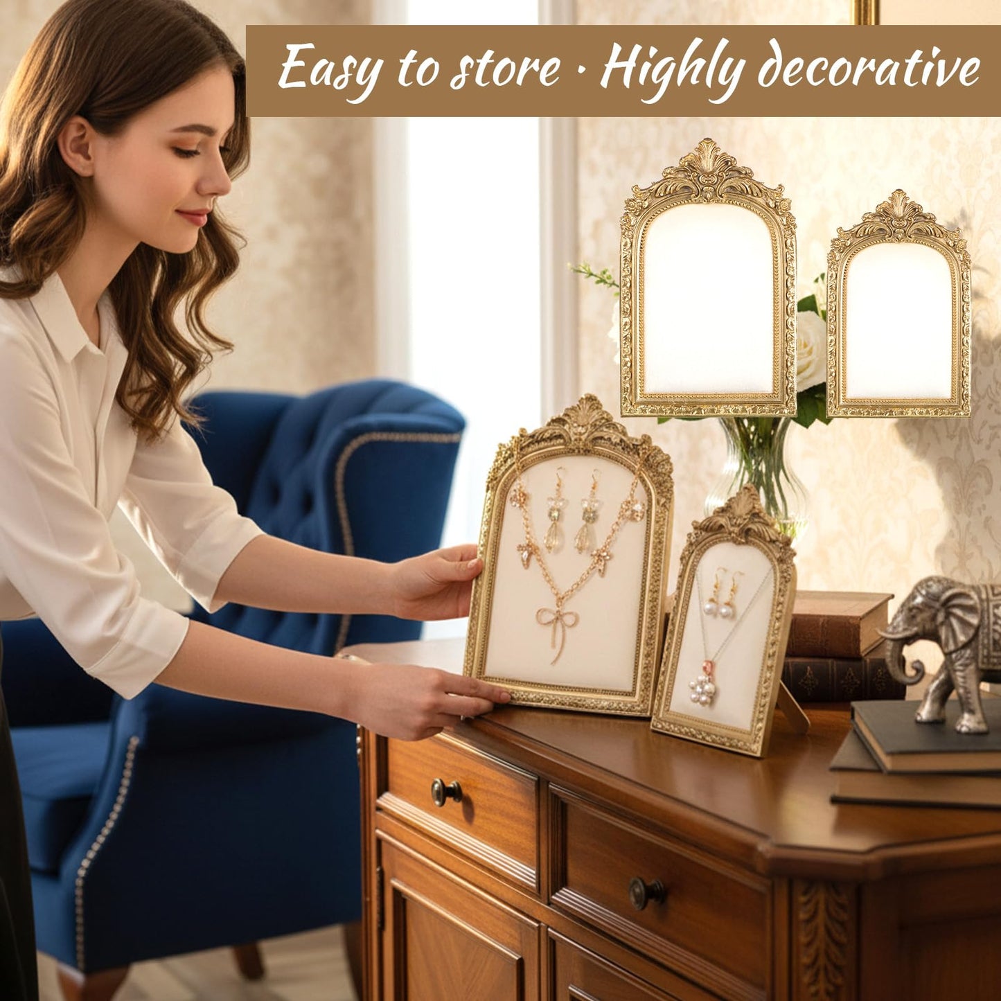 Yuanan 2PCS Vintage Jewelry Display Stand Set Baroque Gold Resin Photo Frame