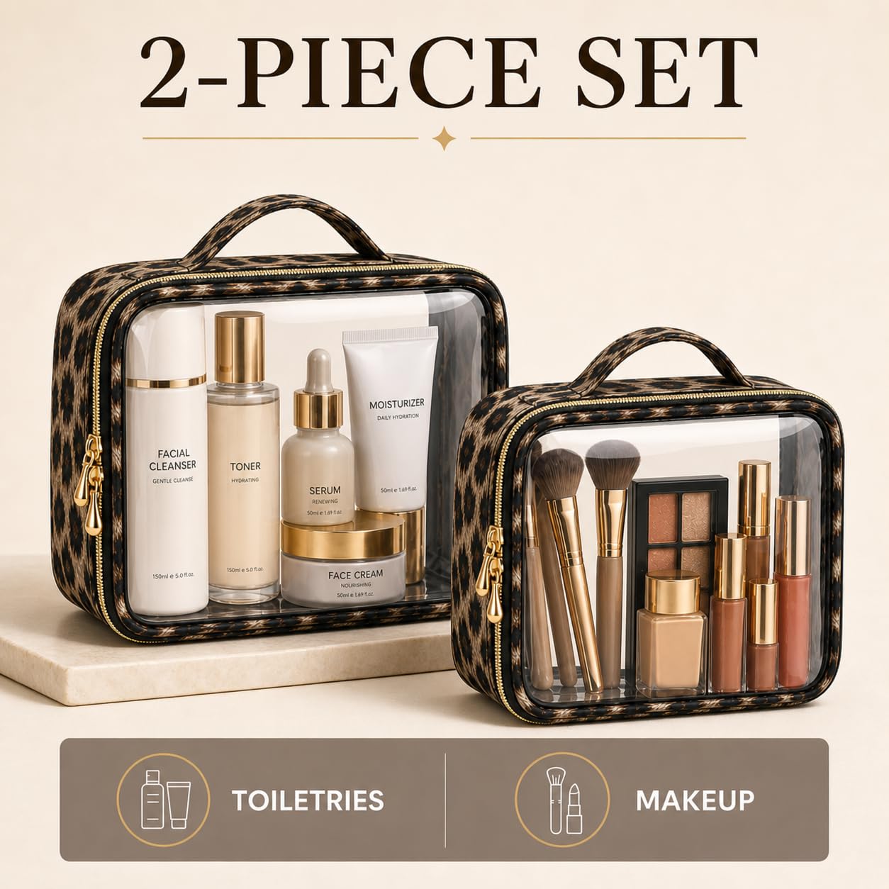 Clear Makeup Bags with Zipper, TSA Approved Travel Toiletry Bag, 2-Pack (Large, Medium) Clear Cosmetic Bag Handle, Waterproof Make Up Bag for Women, Car Bag Organizer & Car Organization Essentials