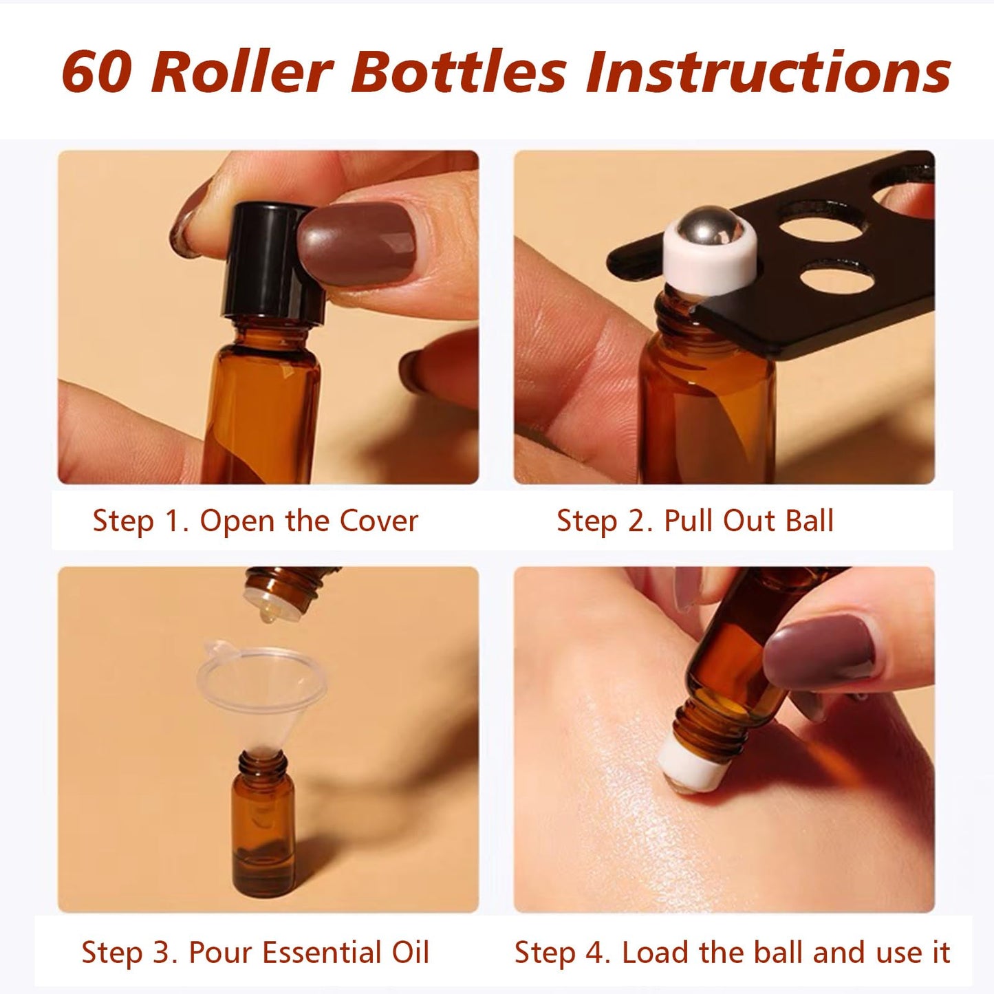 Matifaner 60 Pack 5ml Amber Glass Roll on Bottle For Essential Oils,Perfume Vial with Stainless Steel Roller Ball,Black Caps Mini Sample Vials Cosmetics Small Container (roll-5ml)