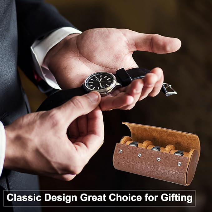 HARFINGTON Watch Roll Travel Case Single Slot Portable Leather Watch Case for Men and Women, Watches Storage Organizer with Removable Pillow for Traveling, Display, Textured Dark Green