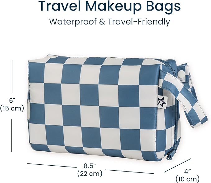 Tiny Twinkle Waterproof Travel Toiletry & Makeup Bag Organizer | Makeup Pouch with Multiple Compartments & Snap Handle for Travel | Gift for Teen Girls and Women(Blue Checkers