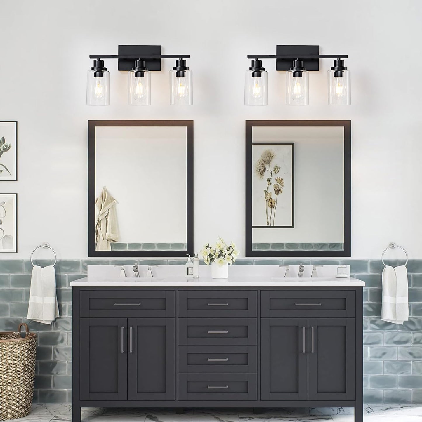 HCCZ 3 Light Bathroom Light Fixtures Black Vanity Light Over Mirror Modern Farmhouse Wall Lighting Sconces Rustic Industrial Wall Lamp for Bathroom, Bedroom, Living Room E26 Socket with Glass Shade