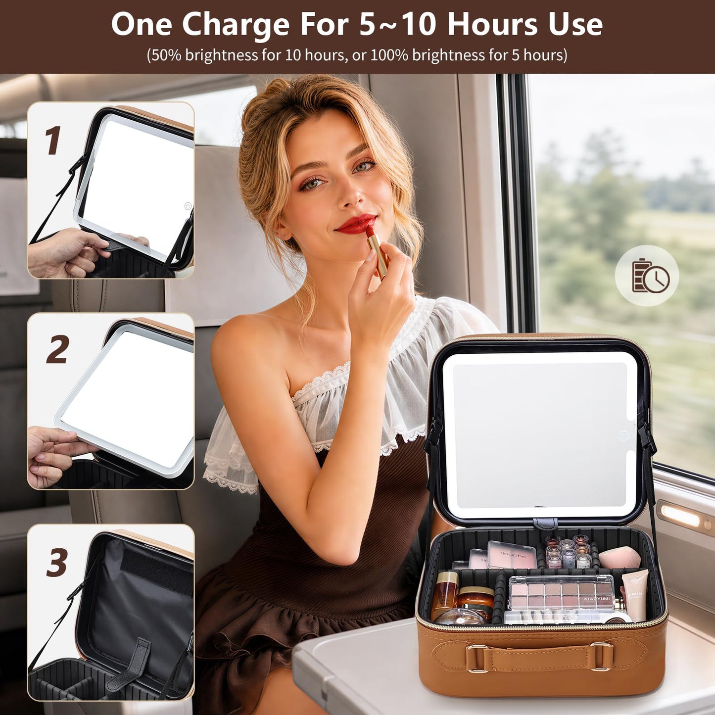 Faquenc Makeup Bag with LED Lighted Mirror 10.2-in Travel Makeup Bag Train Case Adjustable Brightness in 3 Colors Cosmetic Organizer Case Artist Storage Bag with Dividers Brush Holder Bag Vanity Brown