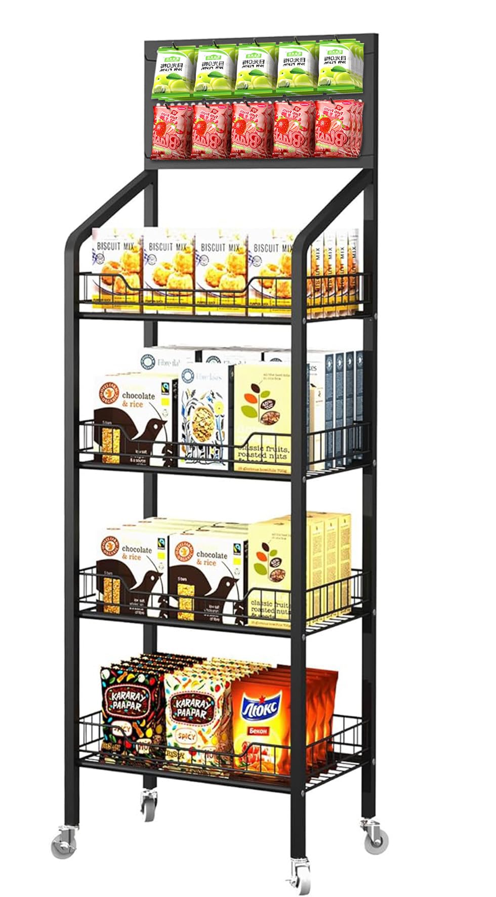 Qriocioa Retail Snack Display Rack 4-Tier Metal Candy Display Merchandise Rack Retail Chip Cart Candy Potato Display Shelves with Wheels & Hooks Snack Shelf for Supermarket and Home Kitchen, Black
