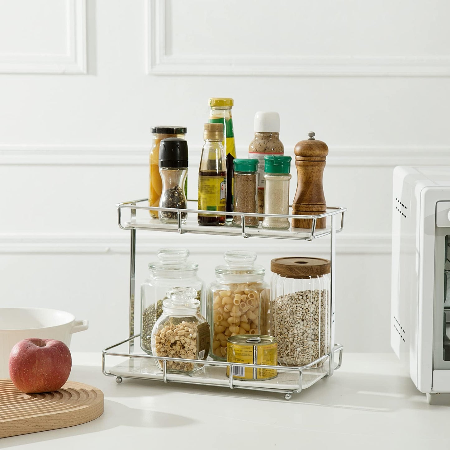 Bathroom Organizer Countertop Perfume Organizer Makeup Organizer Cosmetics Storage Display Rack Vanity Tray Dresser Stainless Steel Gold Shelf White Marble Ceramic Tray (2 Tier L-Sliver)