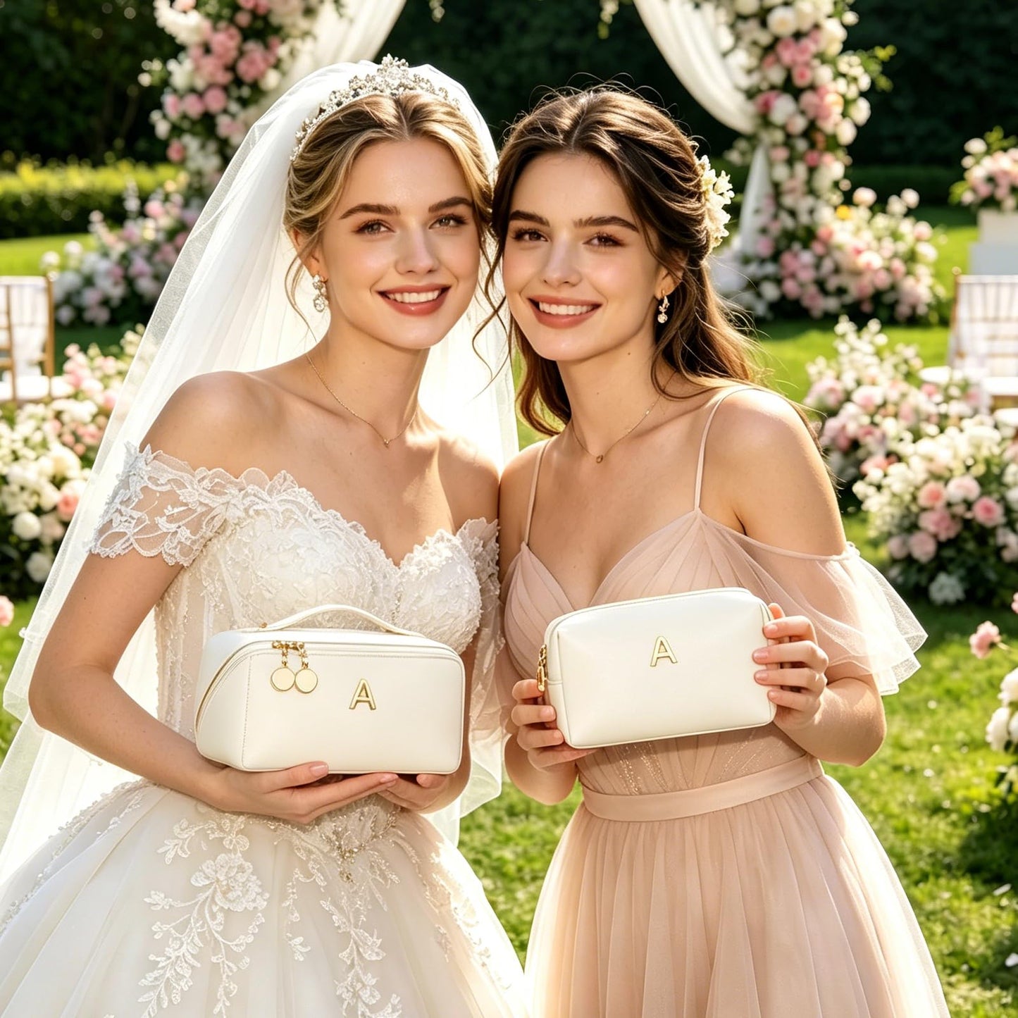 CLOUDWINGS Birthday Gifts for Women Teen Girl, Personalized Initial Makeup Organizer Bag Set, Open Flat Travel Cosmetic Bag With Clear Divider and Handle(Beige,A)