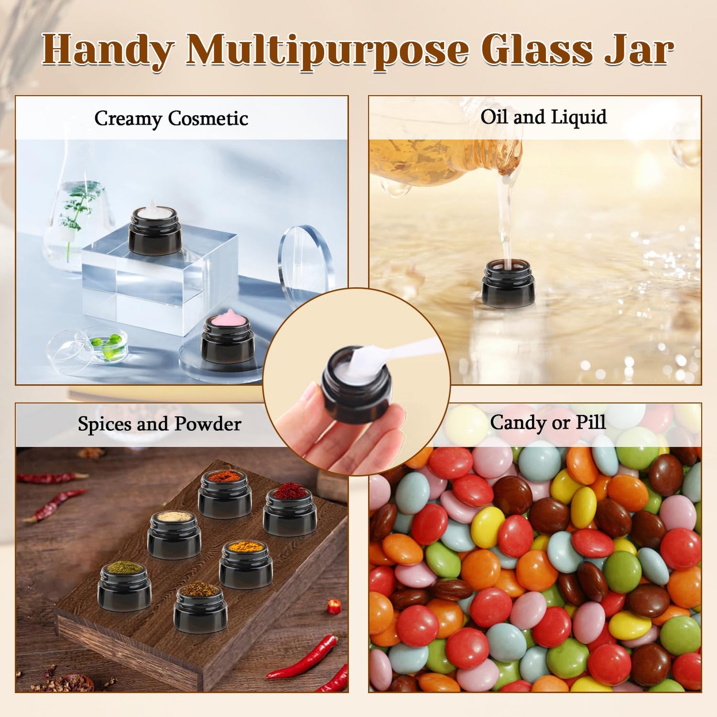 24 Pack 5g Amber Glass Cream Jars Round Cosmetic Vials Pot Refillable Makeup Bottle Containers with Lids&Inner Liners for Lotion Cream Ointments Lip Balm Eyeshadow Slime