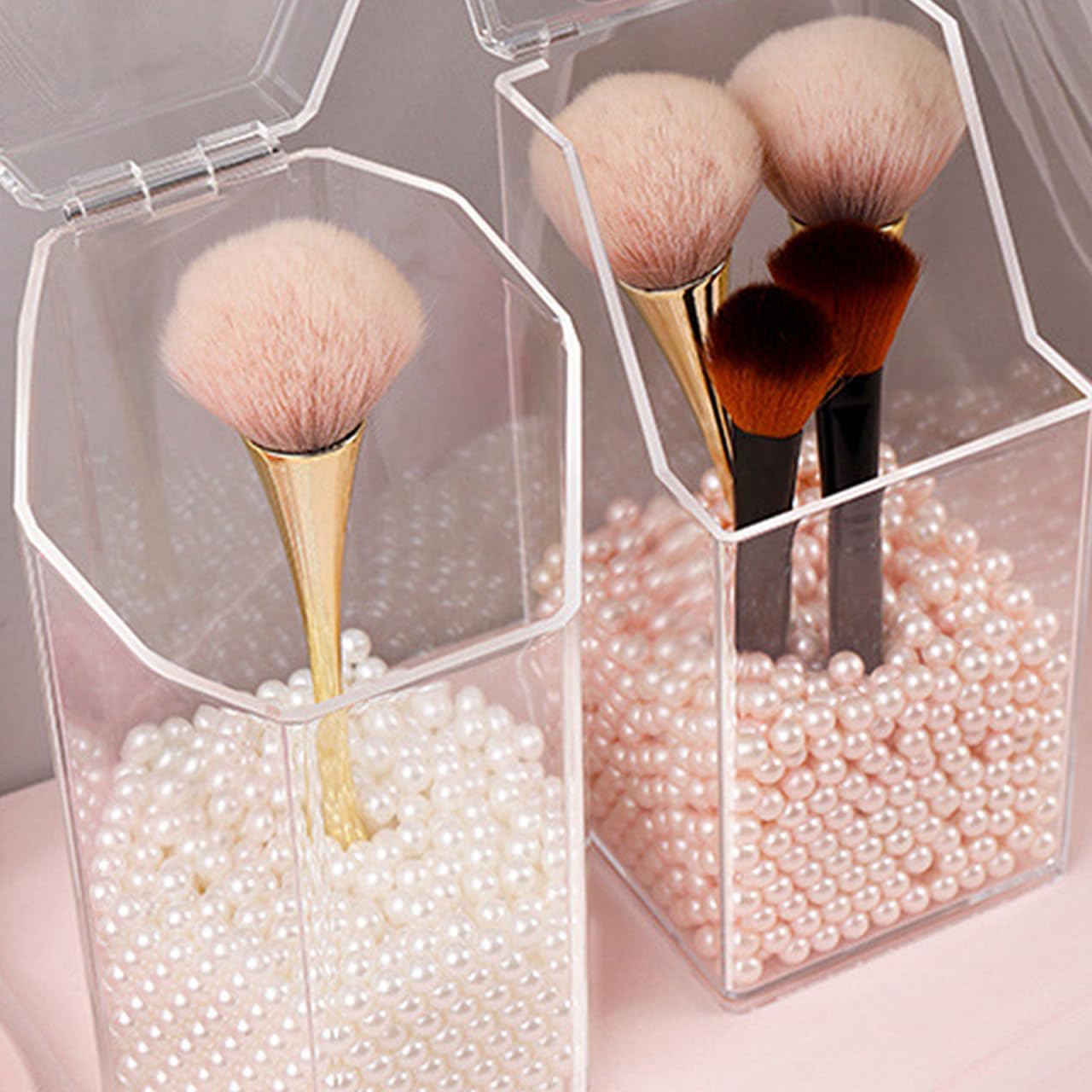 ARTIBETTER Acrylic Makeup Brush Cup, 2pcs Square & Hexagonal, Dustproof Flip Lid Storage Container, Cosmetics Organizer for Vanity Table