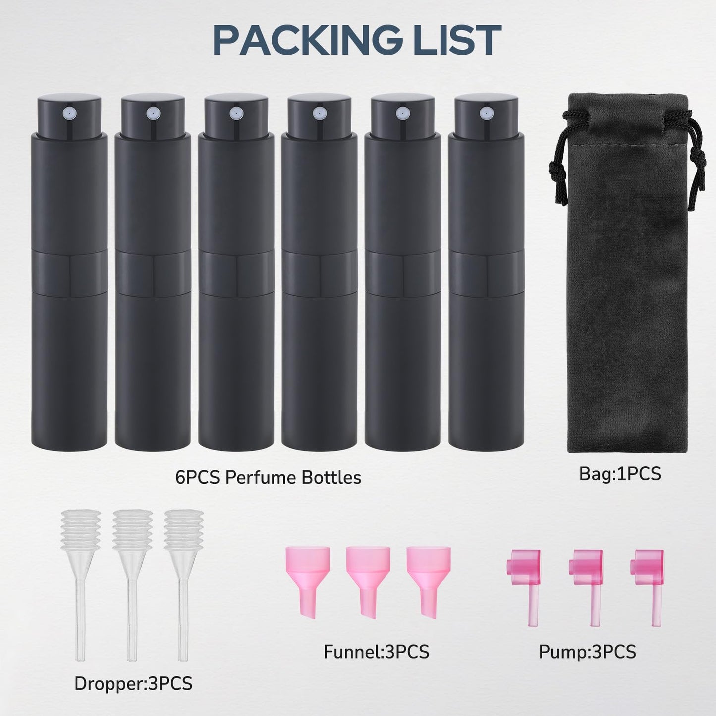 Lulupack Travel Perfume Bottle Refillable - Cologne Spray Atomizer Mini - Small Travel Size Empty Sprayer for Refill Sample Container - Portable Fragrance Decant Dispenser for Women Men 8ml 6PCS Black