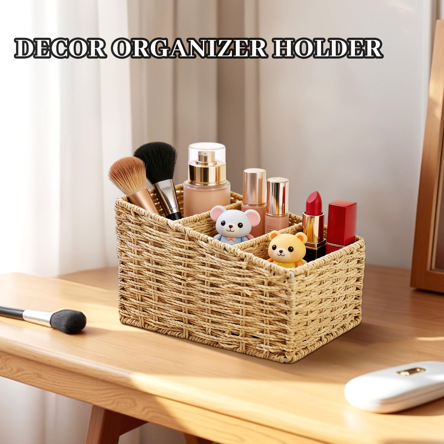 NULANCITIDE 3 Slots Table Desk Organizer Caddy, Rustic Farmhouse Remote Control Holder Makeup Brush Holder for Living Room, Vanity, Office, Bedroom Shelf (8.2x3.9x5.3in)