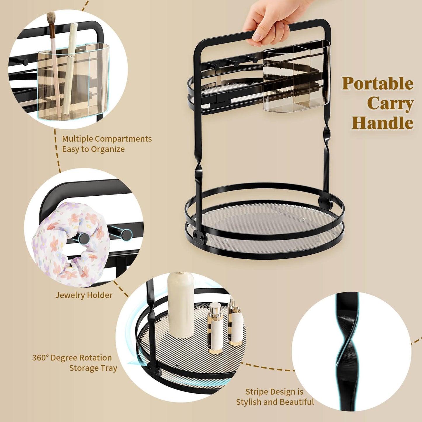 DUANFEE 360 Rotating Makeup Organizer, 2-Tier Black Perfume Organizer for Dresser, Bathroom Counter Organizer, Lazy Susan Vanity Tray Spinning Skincare Storage with Jewelry Hooks & Makeup Brush Holder