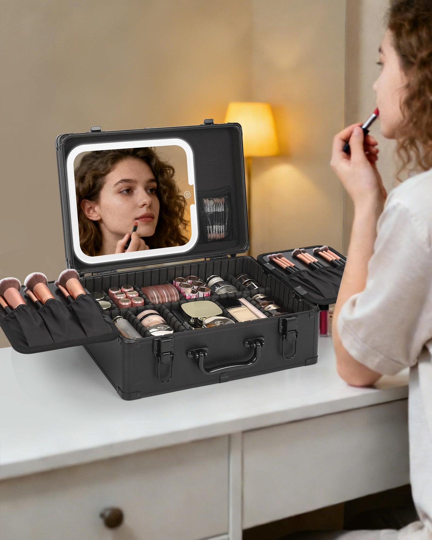Relavel Makeup Case, Makeup Bag with LED Mirror Makeup Organizer Large Cosmetic Bags Travel Train Case for Women, Portable Vanity Makeup Box with Rechargeable Light up Mirror and Adjustable Dividers