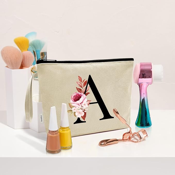 Vavabox A-Z Personalized Makeup Bag, Birthday Gifts for Women Mom, Gifts for Best Friend, Bride Bridesmaid Cosmetic bag (P, Yellow)