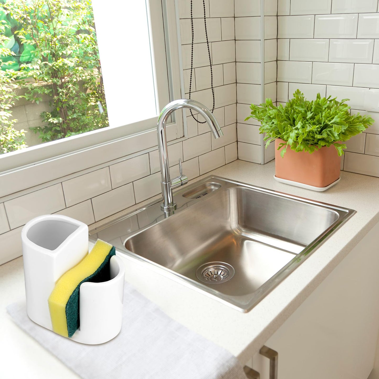 Geelin 2 in 1 Ceramic Kitchen Sink Caddy Dish Sponge Holder and Scrub Brush Holder for Kitchen Organizer Rustic Farmhouse Supplies(White,Simple)