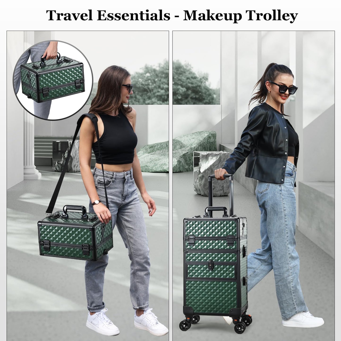 Joligrace Rolling Makeup Case with Drawers - Tattoo Storage Organizer Travel Cart for Nail Tech, Cosmetology, Barber Tools - Portable Suitcase on Wheels Dark Green