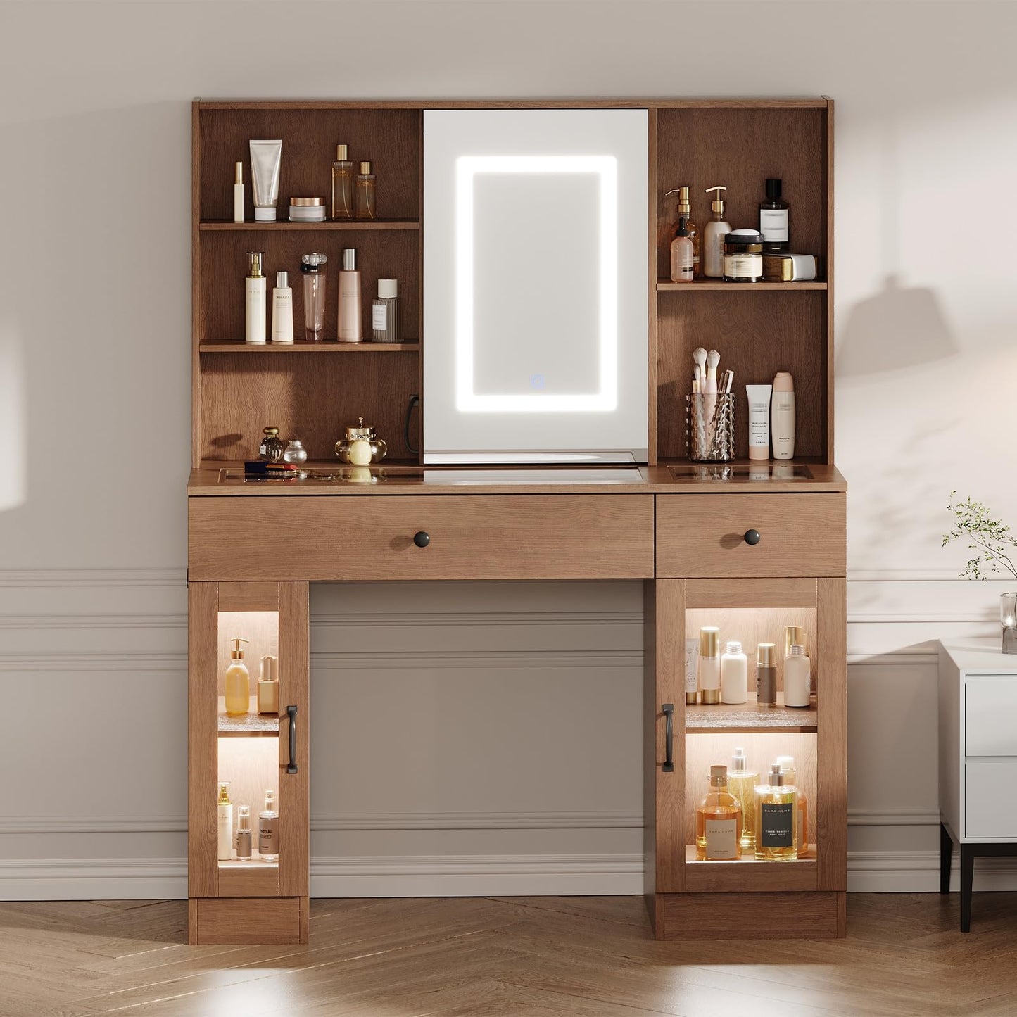 Garvee Large Vanity Desk with Sliding Mirror & 3-Color LED Lights, Makeup Dressing Table with Storage Drawers, Shelves, Cabinets, USB Outlets, MDF Beauty Station, Easy Assembly