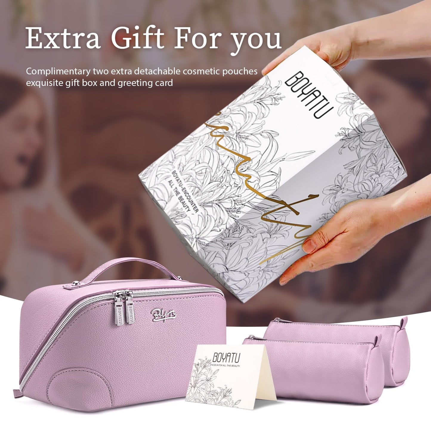 BOYATU Travel Makeup Bag Cosmetic Bags for Women: 3 Pcs Set Large Capacity Make up Bag with Handle - Waterproof Vegan Leather Toiletry Bags Travel Essentials with Compartments(C-4-Purple)