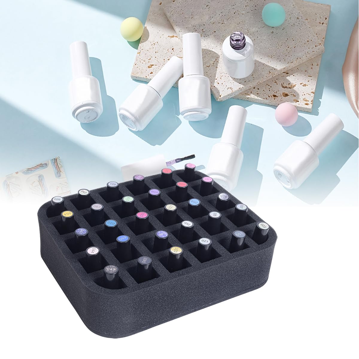 YAHOURWAT Nail Polish Organizer Holder Foam Pad with Slots for Storage 30 Bottles (15ml/0.5fl.oz) Nail Polish or Essential Oil Tray for Drawers Black