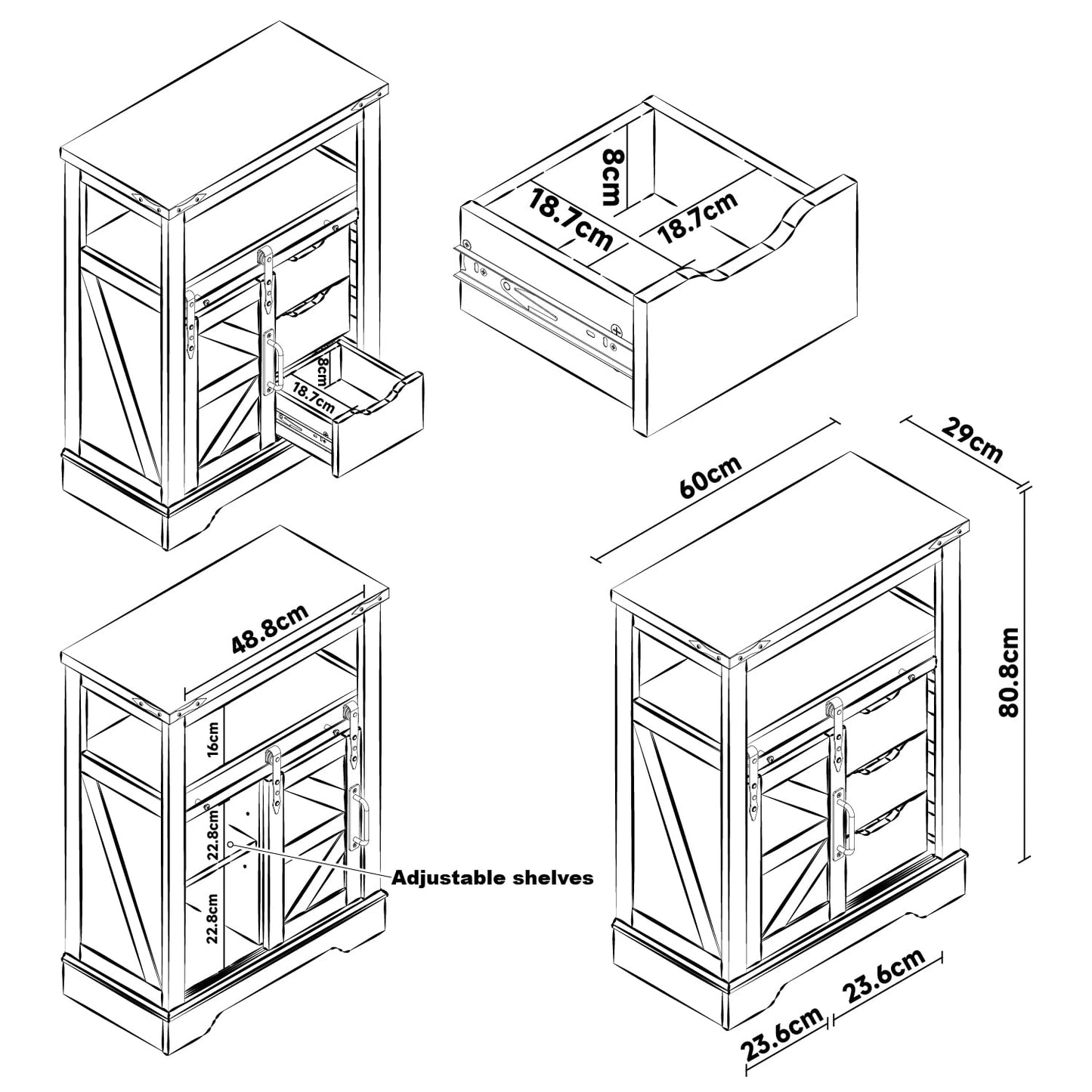 Panana Farmhouse Bathroom Floor Cabinet, Sliding Barn 3 Drawers & 1 Door Freestanding Small Storage Cabinet for Bathroom, Kitchen (White)