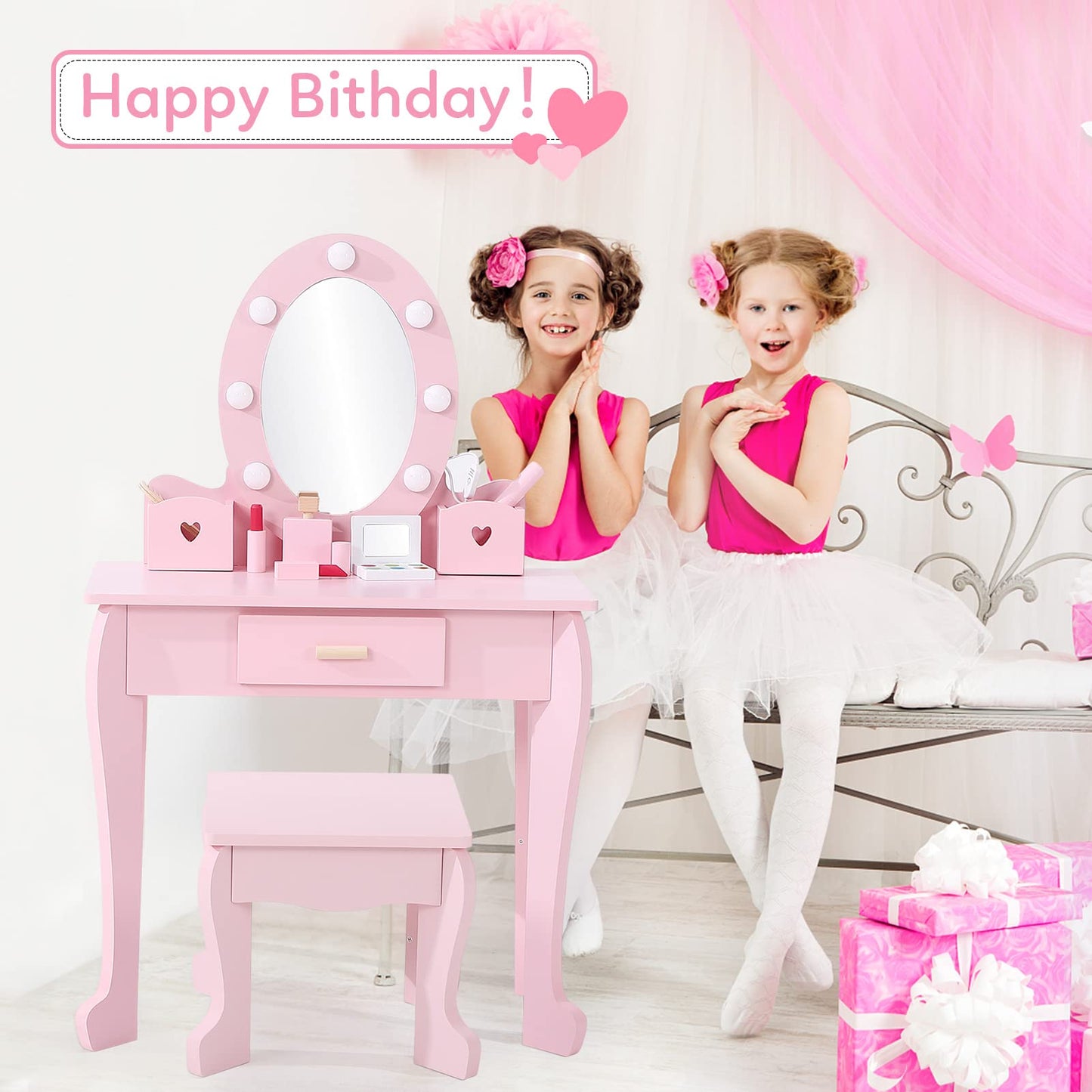 Garvee Kids Vanity Set, Pretend Play Girls Vanity Table and Chair Set with Lighted Mirror, Stool, and Wood Makeup Playset, Pink