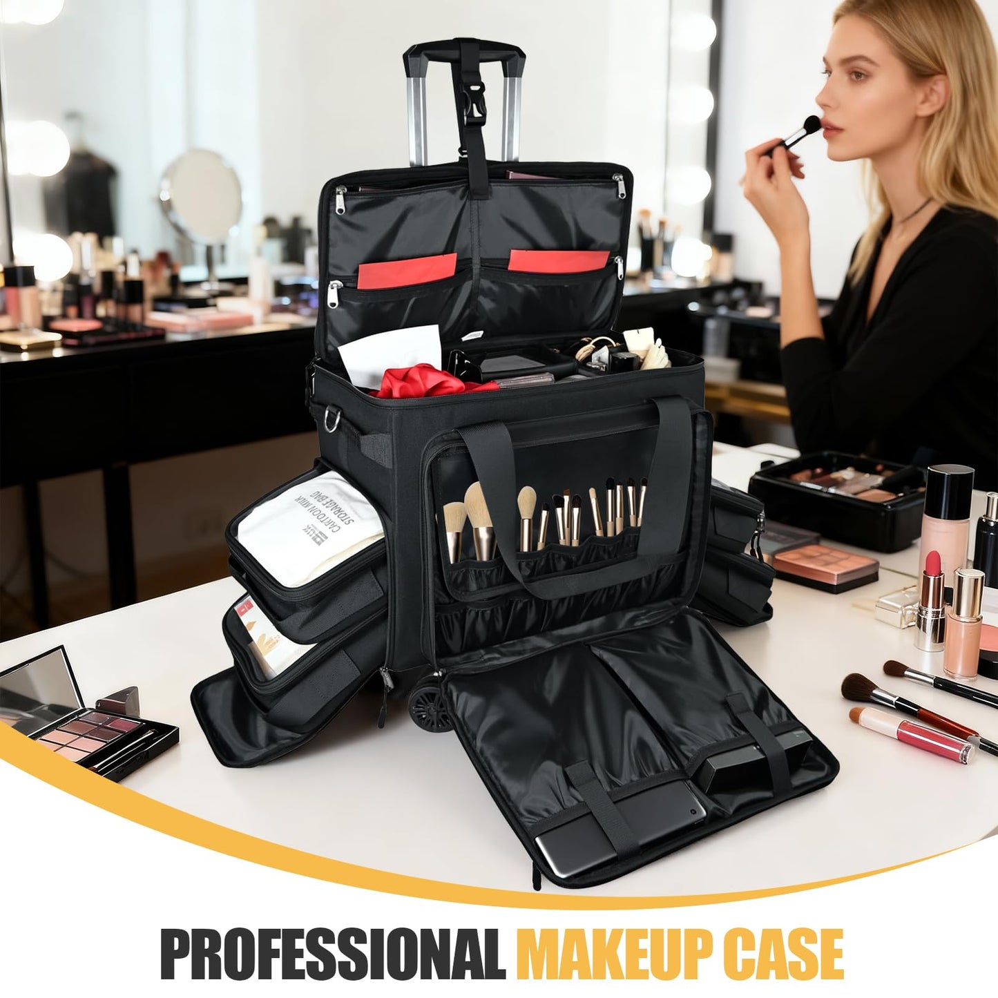 BatlFrist Rolling Makeup Train Case Rolling Cosmetic BagRolling Medicine Bag with 4 Removable Bags, with Brushes Storage Section. with Detachable Dividers (Patent Design)(Black)