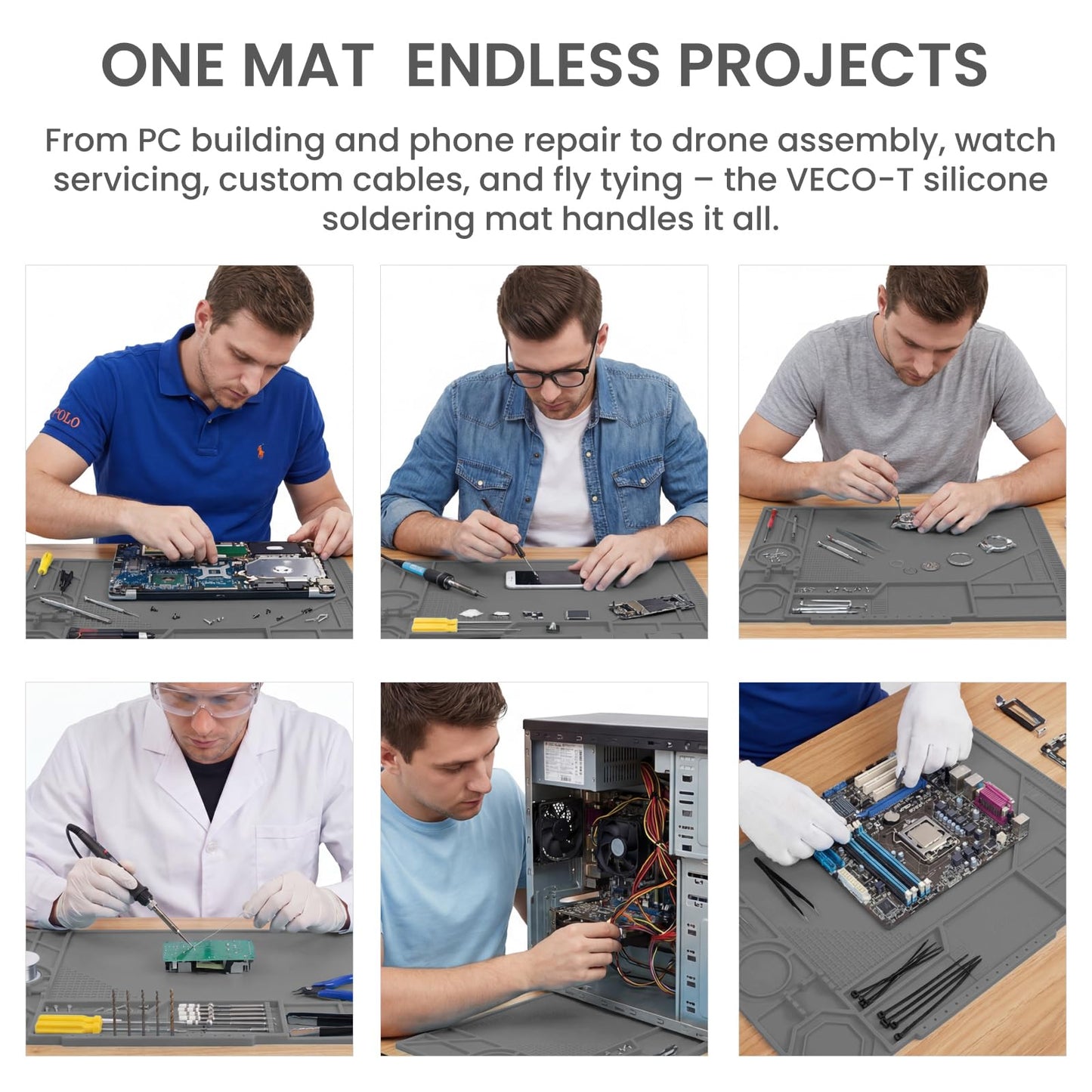 VECO-T Silicone Soldering Mat with Soldering Stand, Heat Resistant 932°F, Large 20x14 Inch Non-Stick Workbench Mat for Electronics Repair, PCB, Phone, Watch, PC Building, Hobby & Craft – Grey