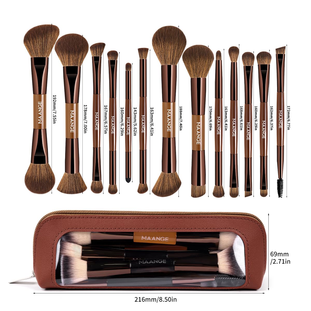 MAANGE 13 Pcs Foundation Makeup Brush Set With Bag, Make up Brushes, Double-End Multi Functional Makeup Brushes, Professional Face Brush Set Tools For Liquid Powder Concealer Cream Blush (Brown)