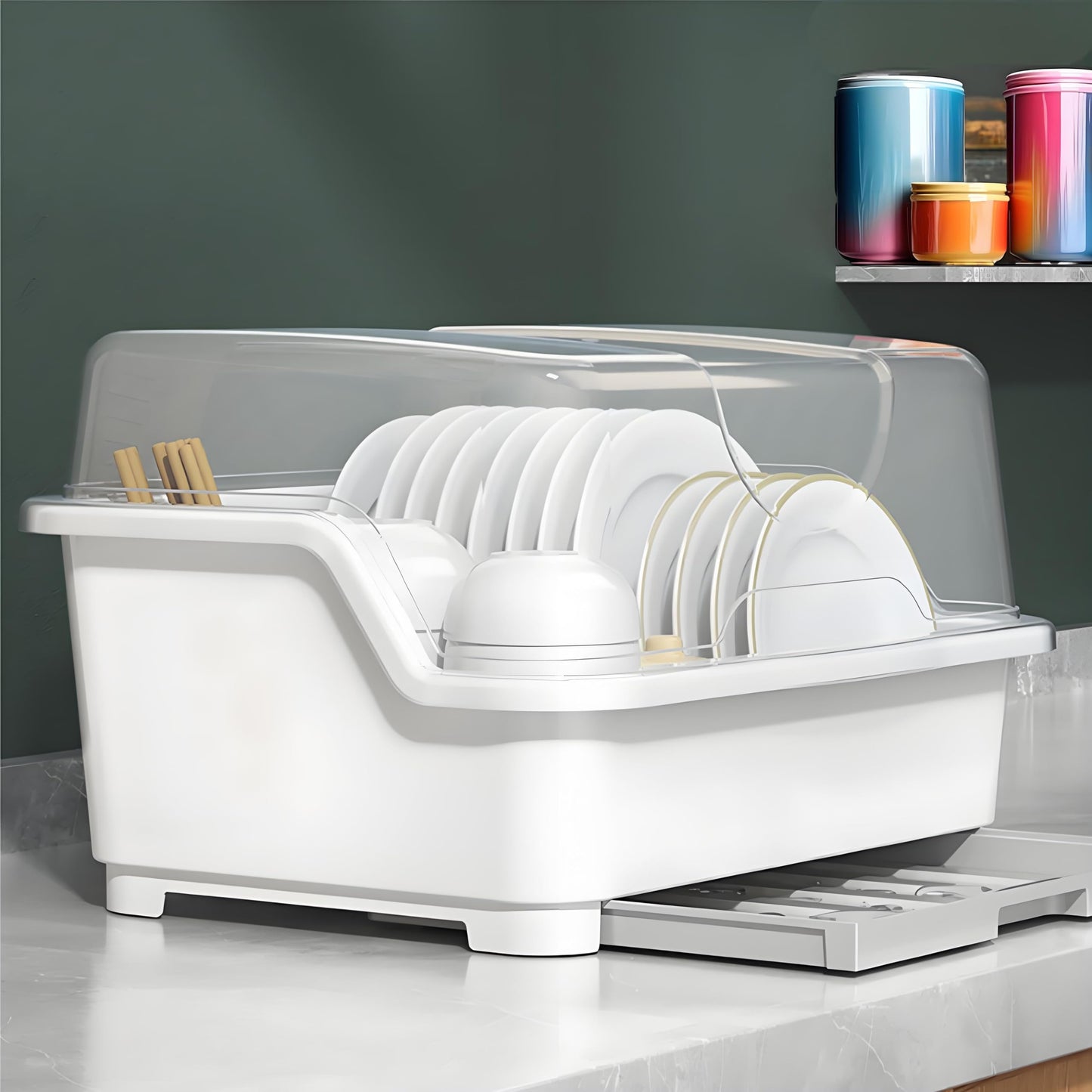 Acshio Dish Drying Rack, Plastic Plate Cup Dryer Holder with Lid Removable Drainboard, Cutlery Utensil Dish Nursing Bottle Organizer for Tableware, Kitchen Cabinet
