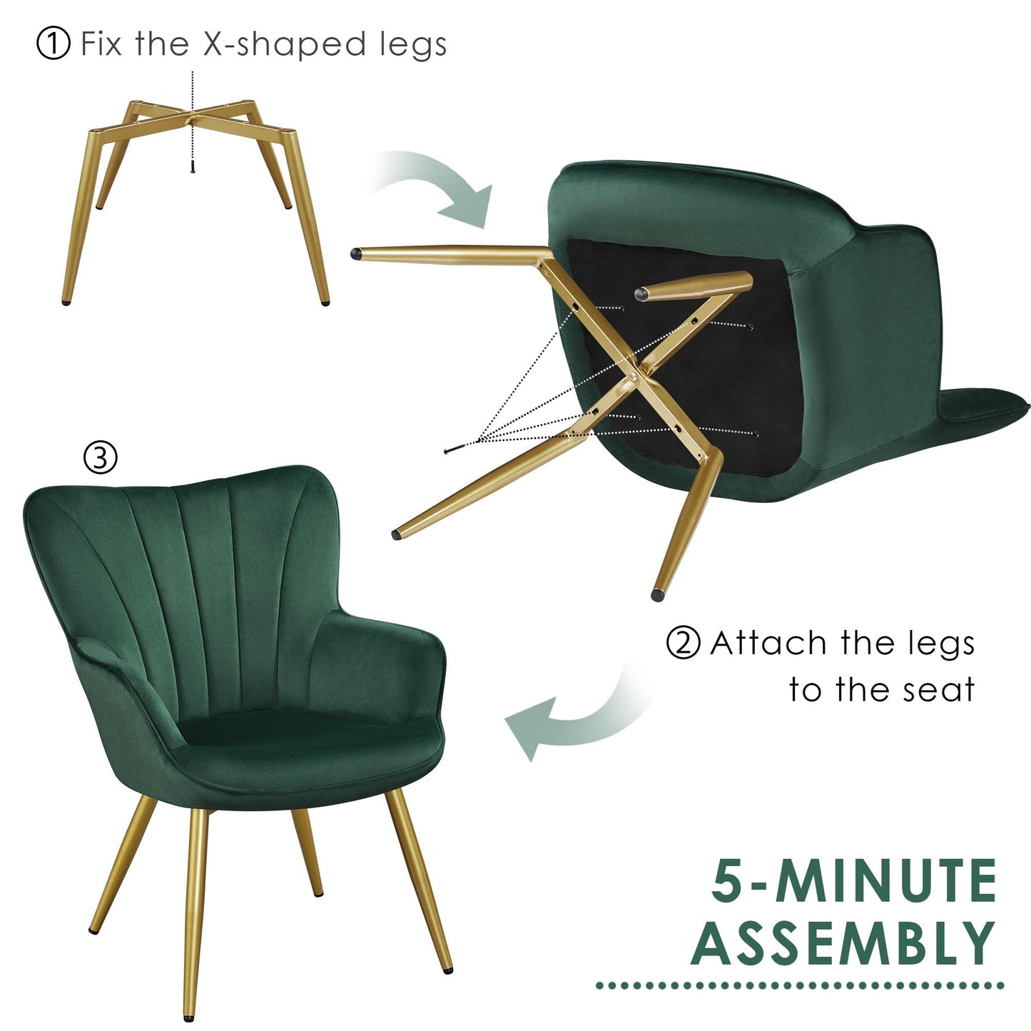 Yaheetech Velvet Accent Chair, Modern Armchair Vanity Chair with Wing Side and Metal Legs, Cozy and Soft Padded and High Back for Living Room/Makeup/Office/Bedroom, Green