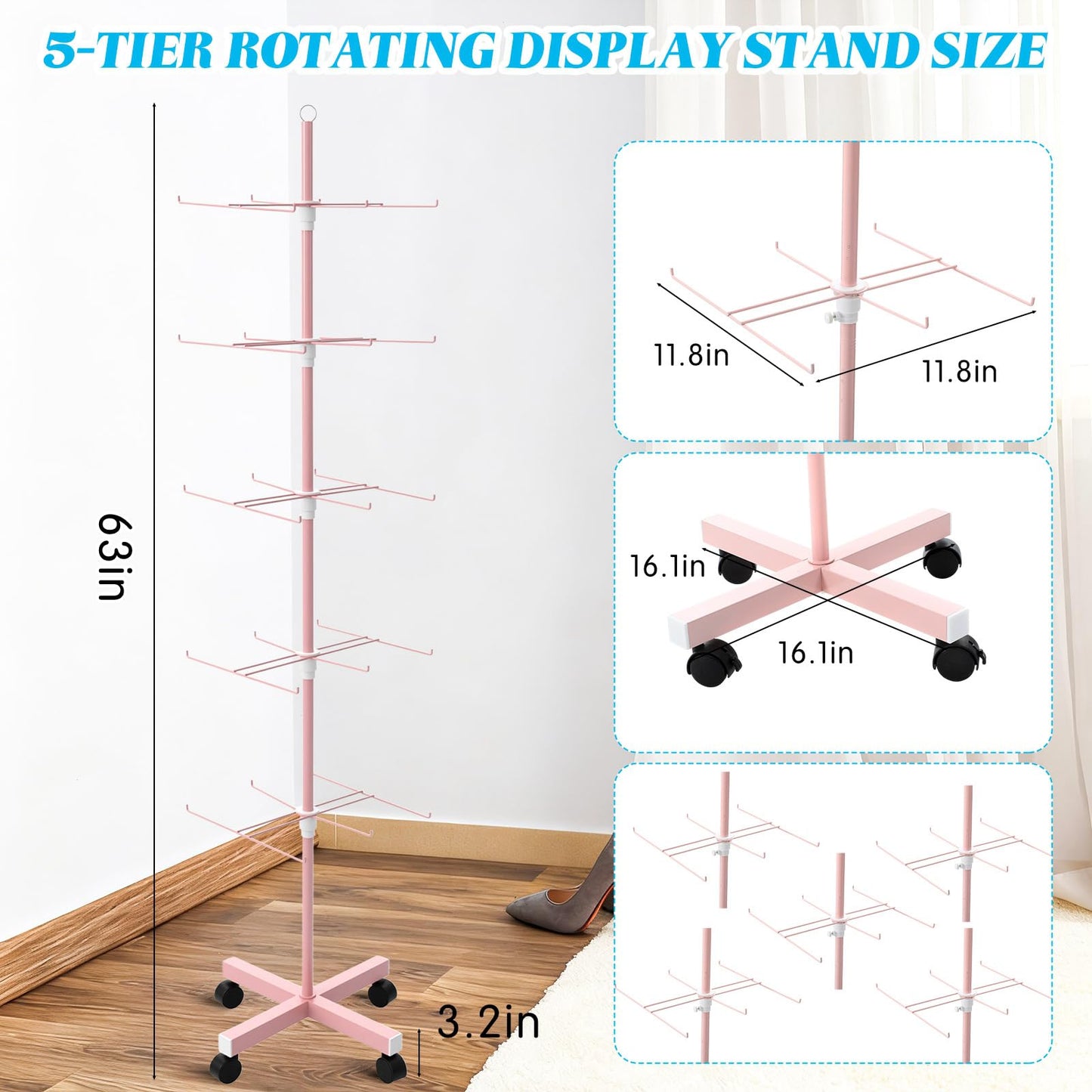 Ripeng 1 Pack 5-Tier Rotating Retail Display Stand, Adjustable Spinning Rack with Wheels for Jewelry Earrings Keychains Craft Shows Vendor Events, Pink