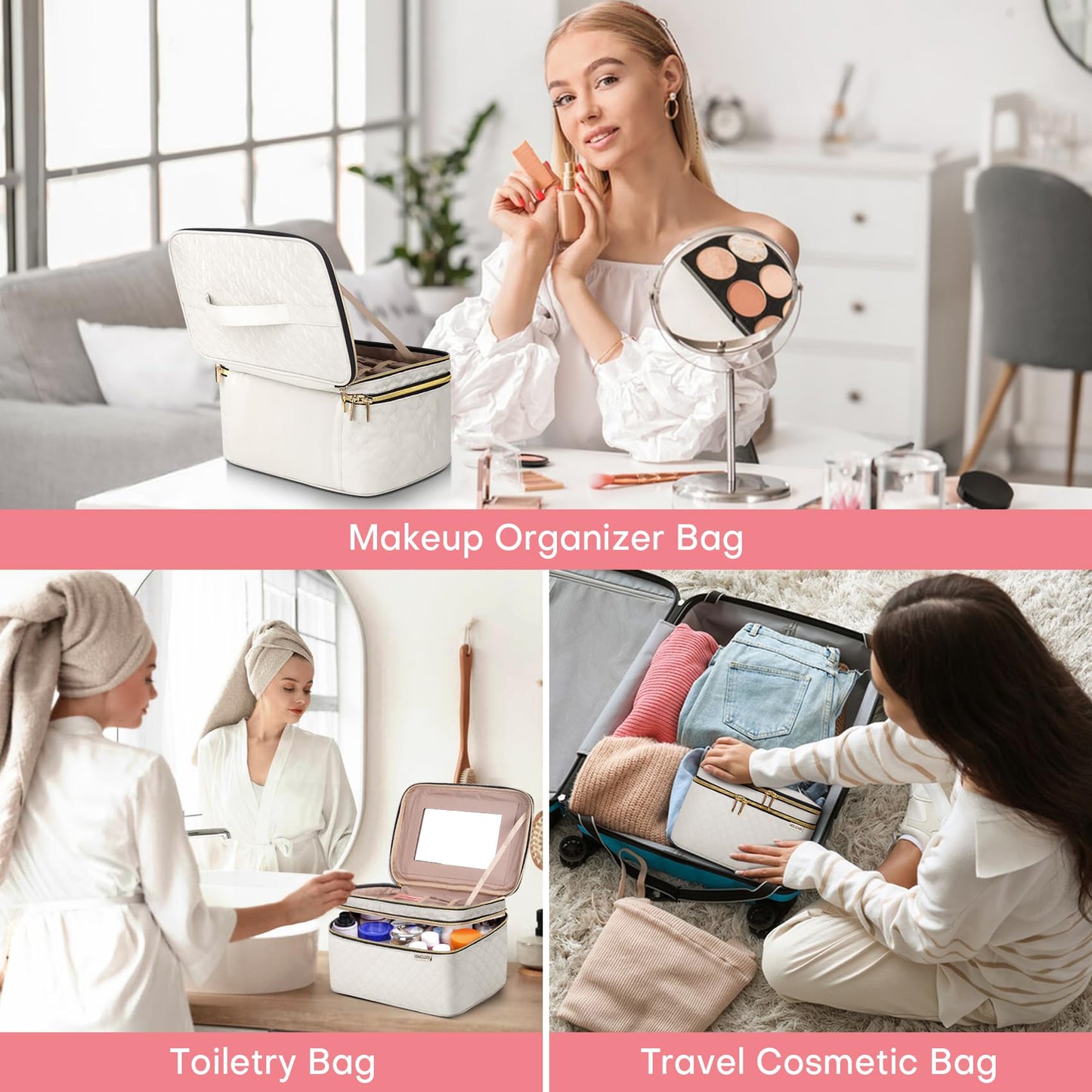 HXLGMD Large Makeup Bag with Mirror Double Layer Travel Make Up Organizer Case, Large Capacity Coemetic with Brush Slot Divider, Travel Toiletry Bag for Women - White/Beige