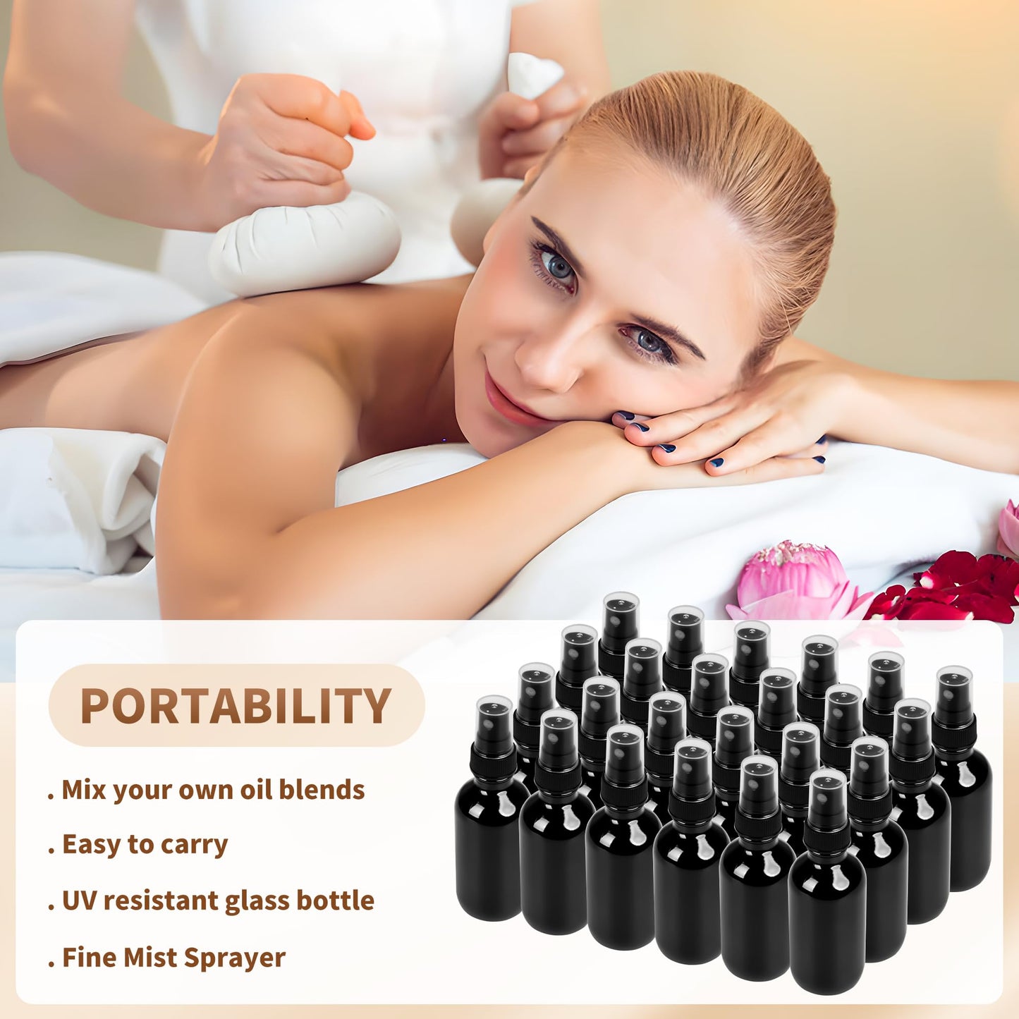 BILLIONSTARS 24 Pack 2oz Glass Boston Round Bottle with Fine Mist Sprayer - UV Black - Essential Oils, Bath, Beauty, Hair & Cleaning - Leakproof Travel Bottles