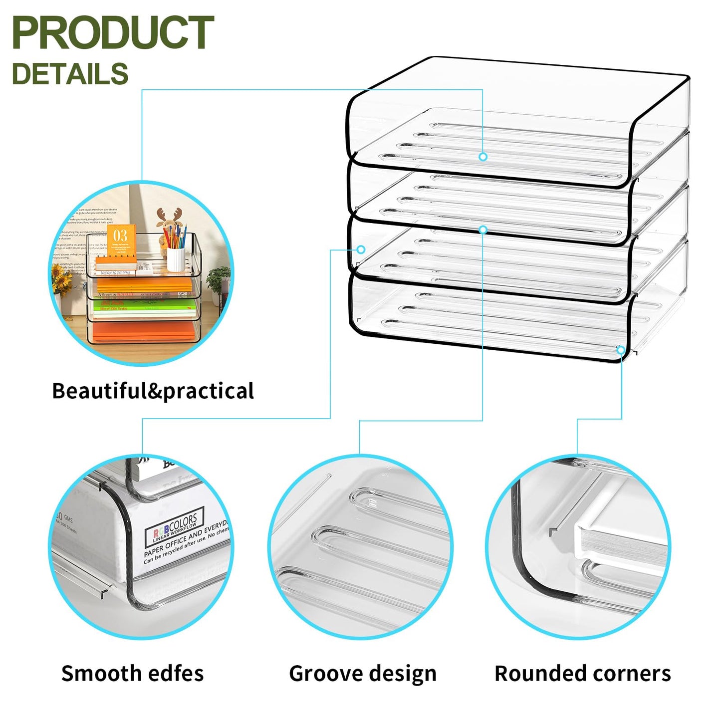 FANXIYQ 4-Tier Acrylic Paper Tray Organizer - Low-Profile Desk File Sorter for Office/Home, Clear Stackable Letter Tray for Bills, Crafts, Notebooks