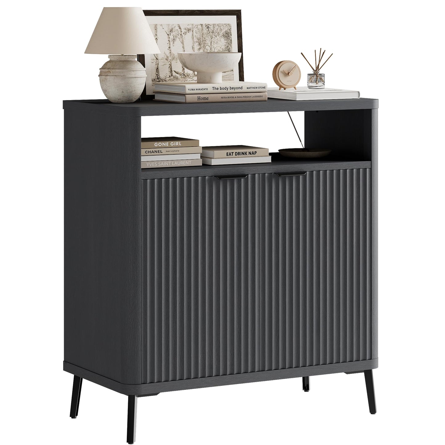Fatmok Fluted Buffet Cabinet with Storage, 31.4" Wide Wood Sideboard Credenza with 2 Doors & Open Storage Shelf, Modern Coffee Bar Table for Living Room Kitchen Dining Room,Black Grey